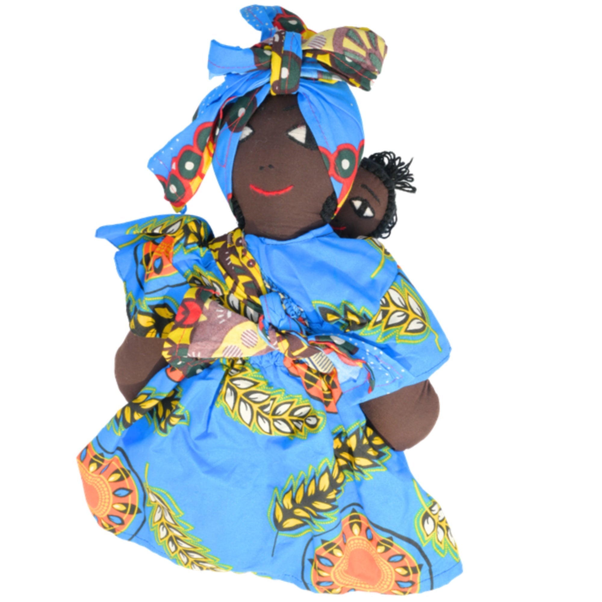 Blue Leaf Handmade African Fabric Doll with Baby – 15-inch Ghanaian artisan collectible, mother and baby in traditional wrap. African Delights. #Color_Blue Leaf