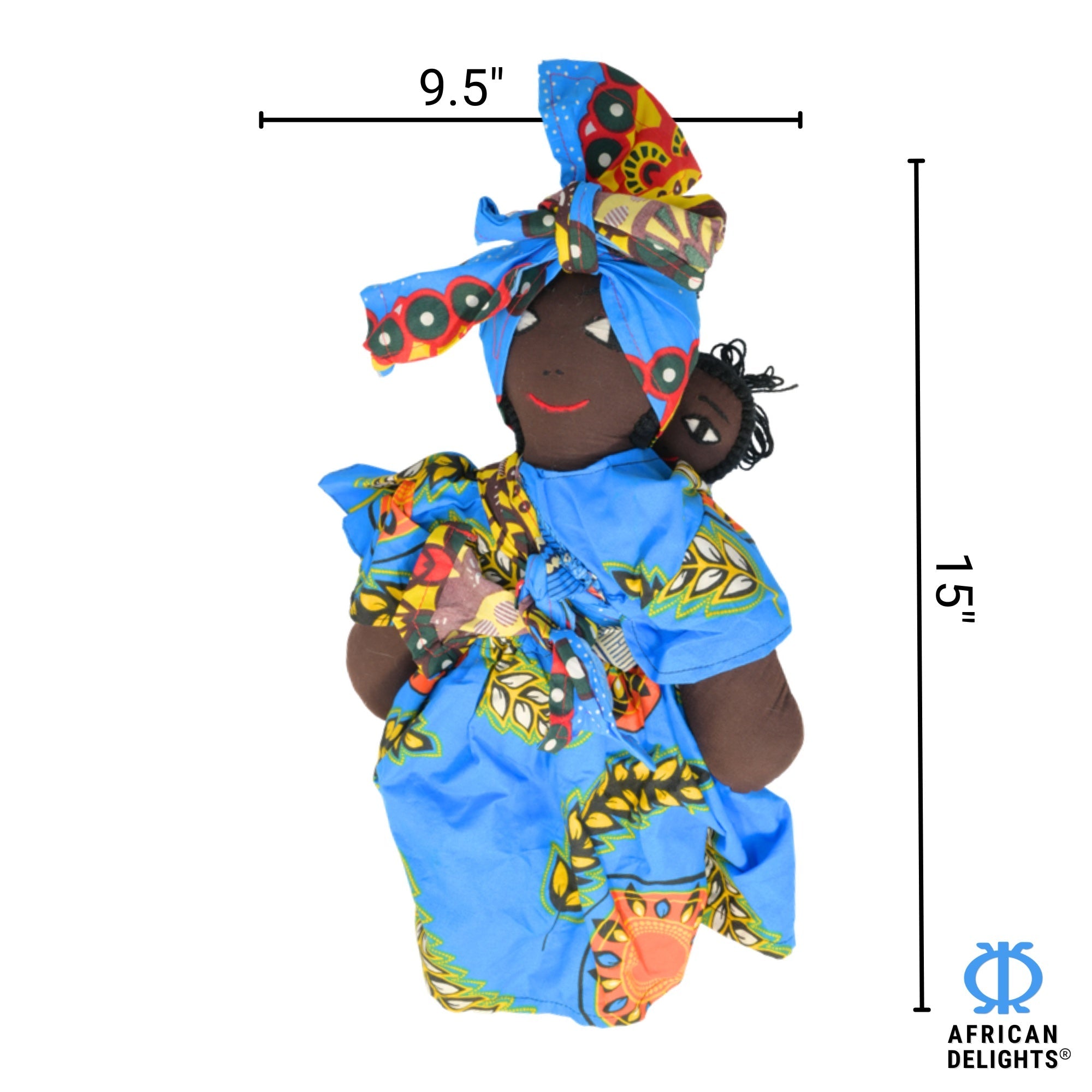 Blue Leaf African fabric doll size guide – 15-inch handmade Ghanaian collectible figurine. African Delights. #Color_Blue Leaf