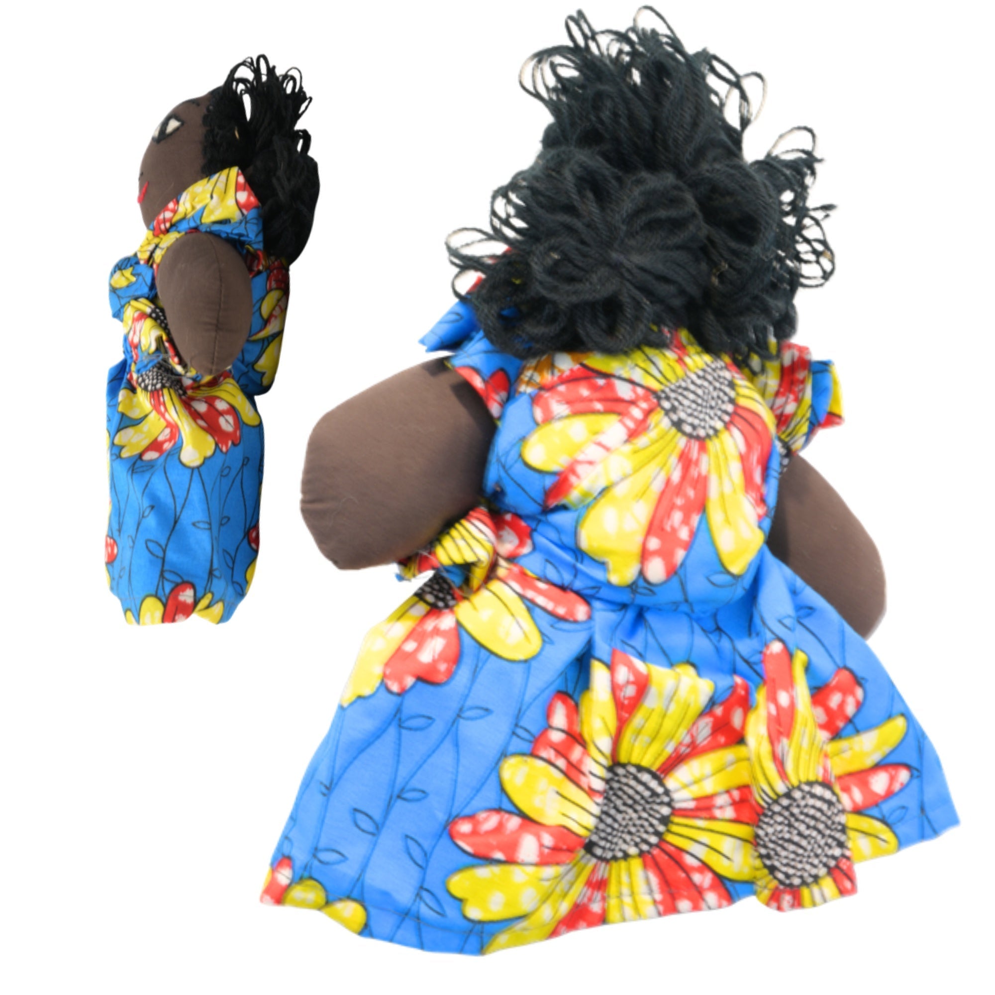 Blue Sunflower African fabric doll back and side view – 10-inch handmade Ghanaian artisan collectible. African Delights. #Color_Blue Sunflower