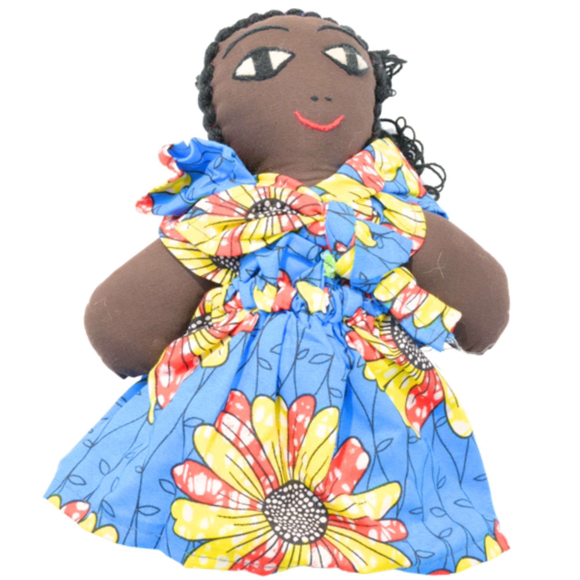 Blue Sunflower Handmade African Fabric Doll with Baby – 10-inch Ghanaian artisan collectible, mother and baby in traditional wrap. African Delights. #Color_Blue Sunflower