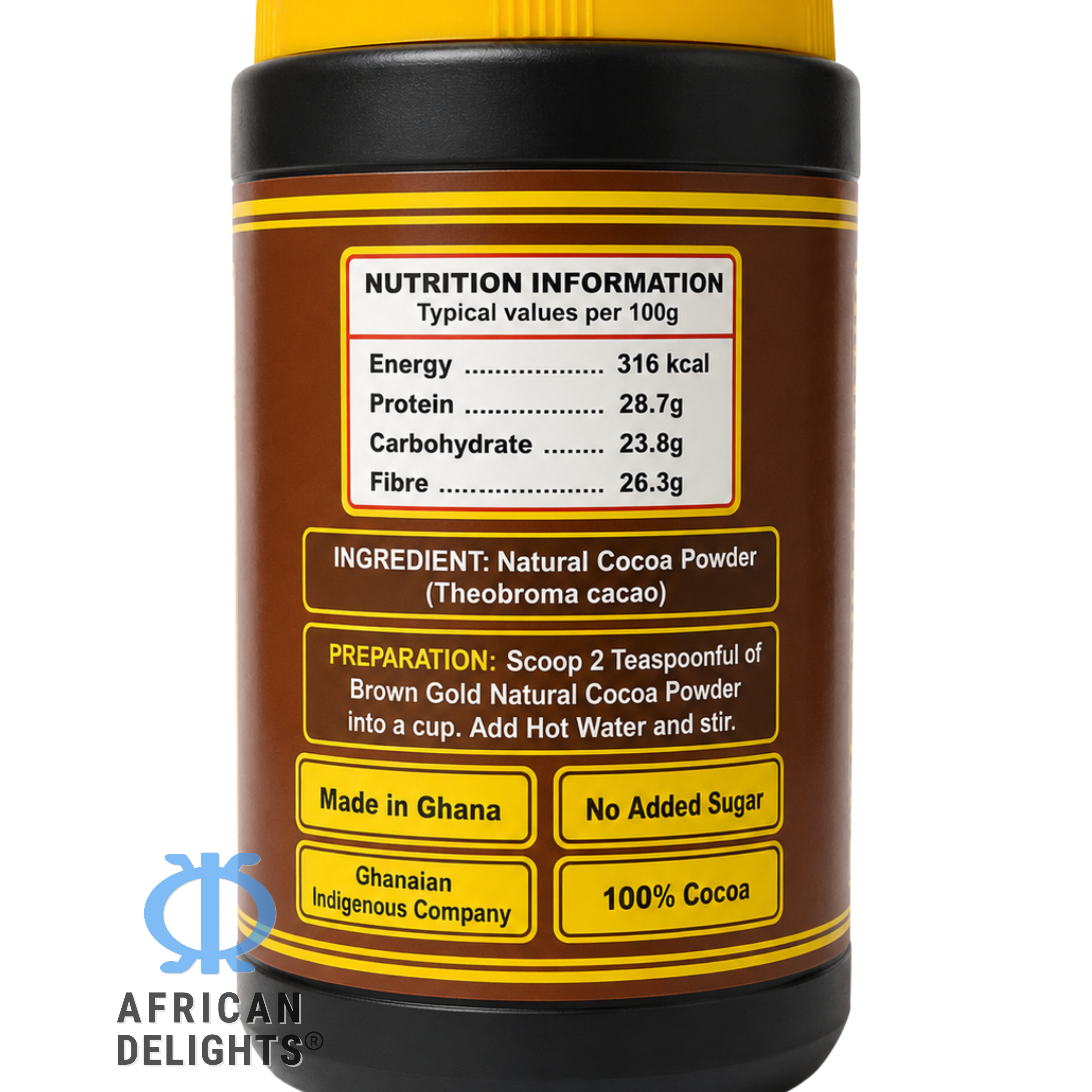 African Delights Brown Gold Natural Cocoa Powder 400g ingredients and nutrition