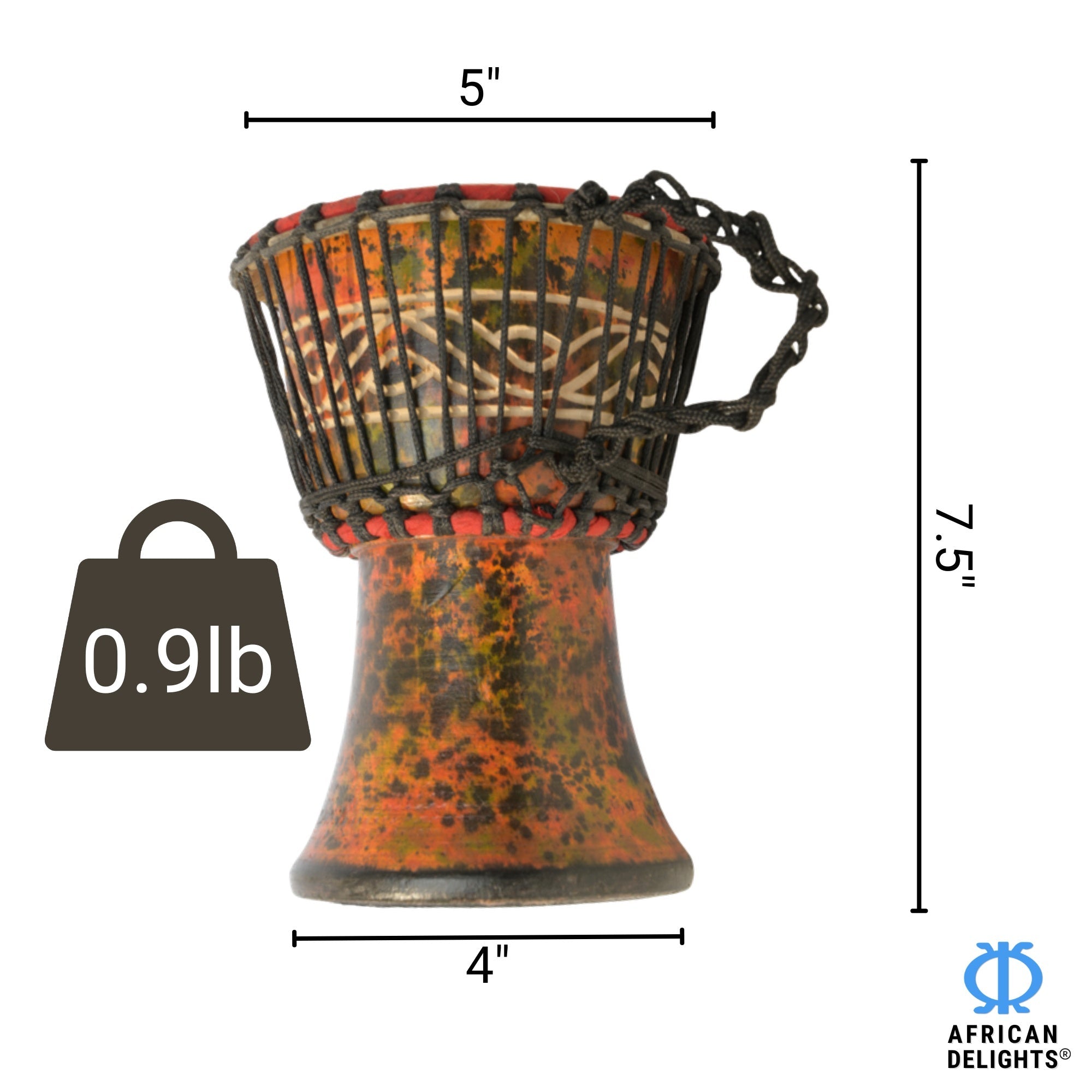Brown Spotted 2 mini djembe drum size and dimensions