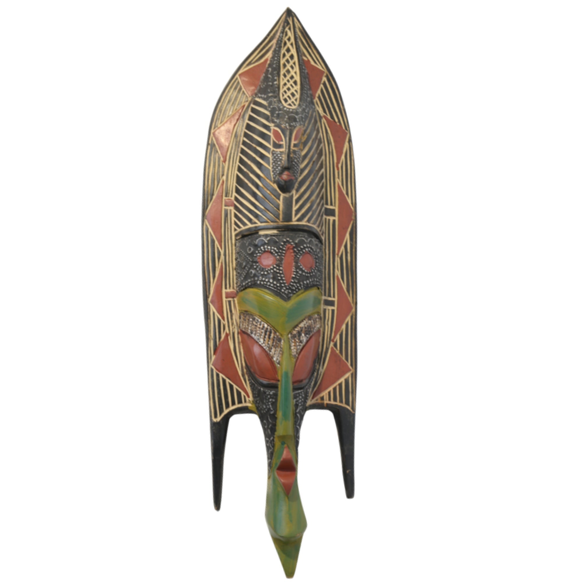 Bwa Plank Red Mask – 21in handcrafted African wall art mask by Christopher Nyasafo, Ghana. Authentic tribal decor for home and living room.
