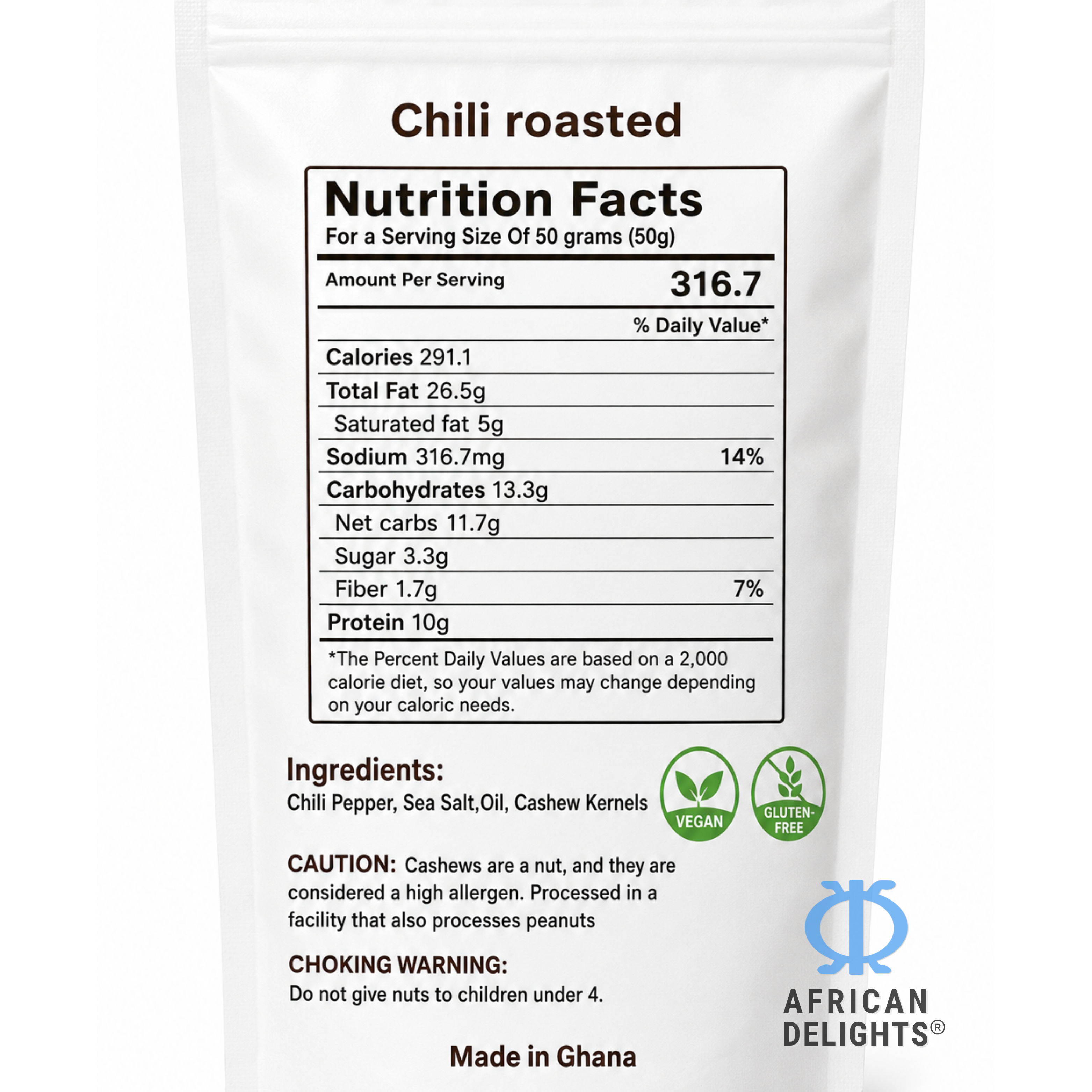 African Delights Chili Roasted Cashews ingredients and nutrition facts # Flavor_Chili