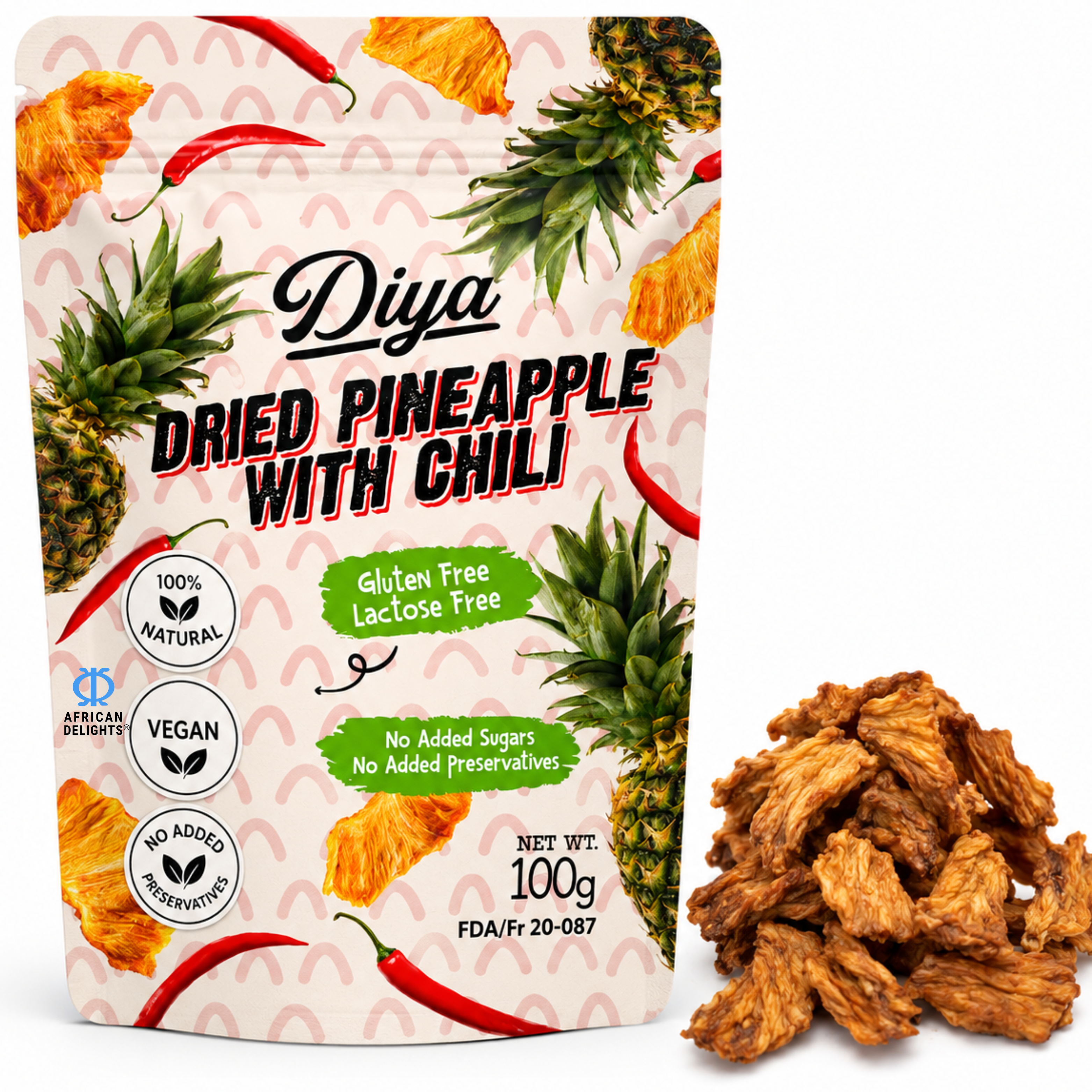 African Delights Dried Pineapple with Chili, Pack of 3 100g bags # Flavor_Dried Pineapple with Chili