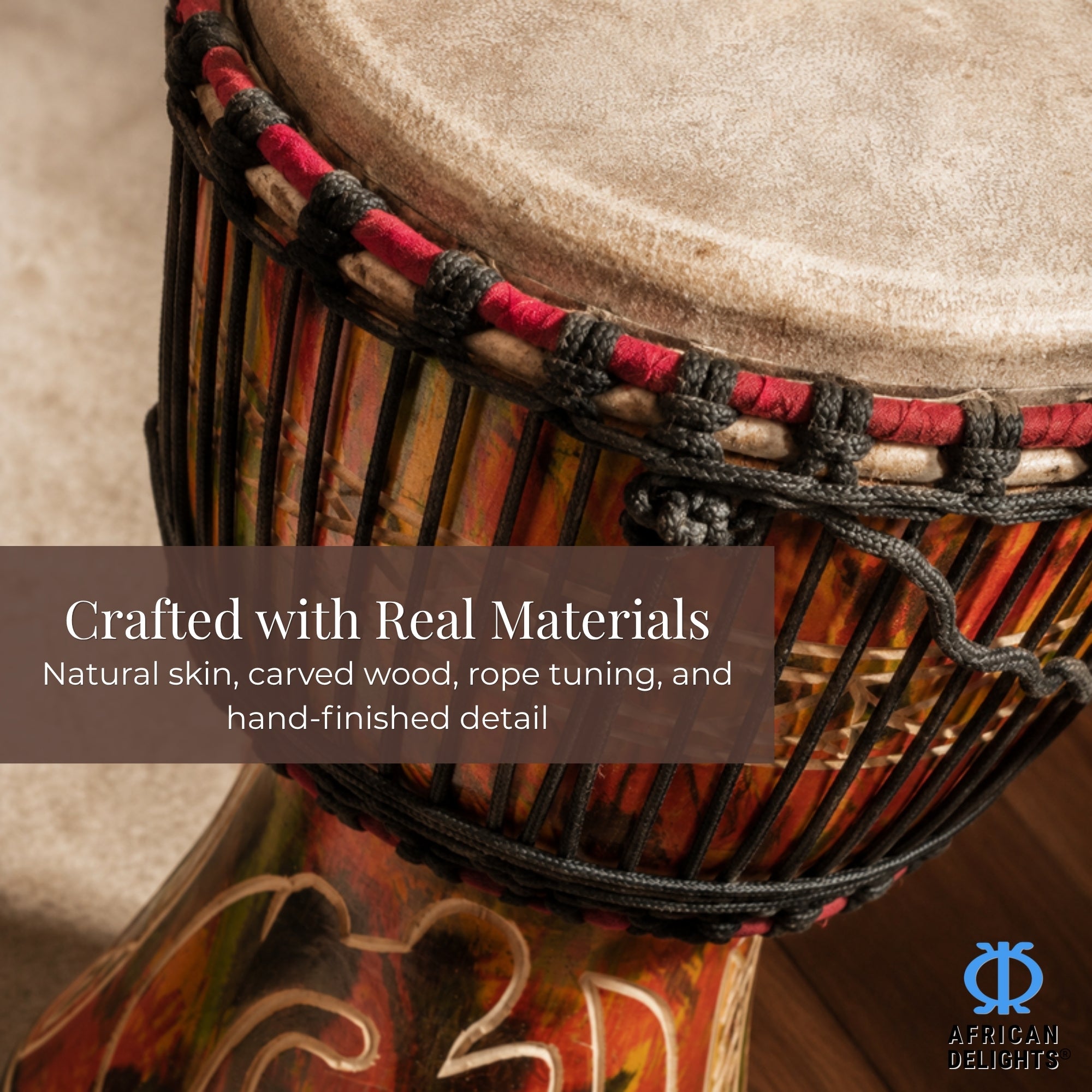 Macro of the natural goat-skin head, black rope tuning and hand-carved hardwood shell
