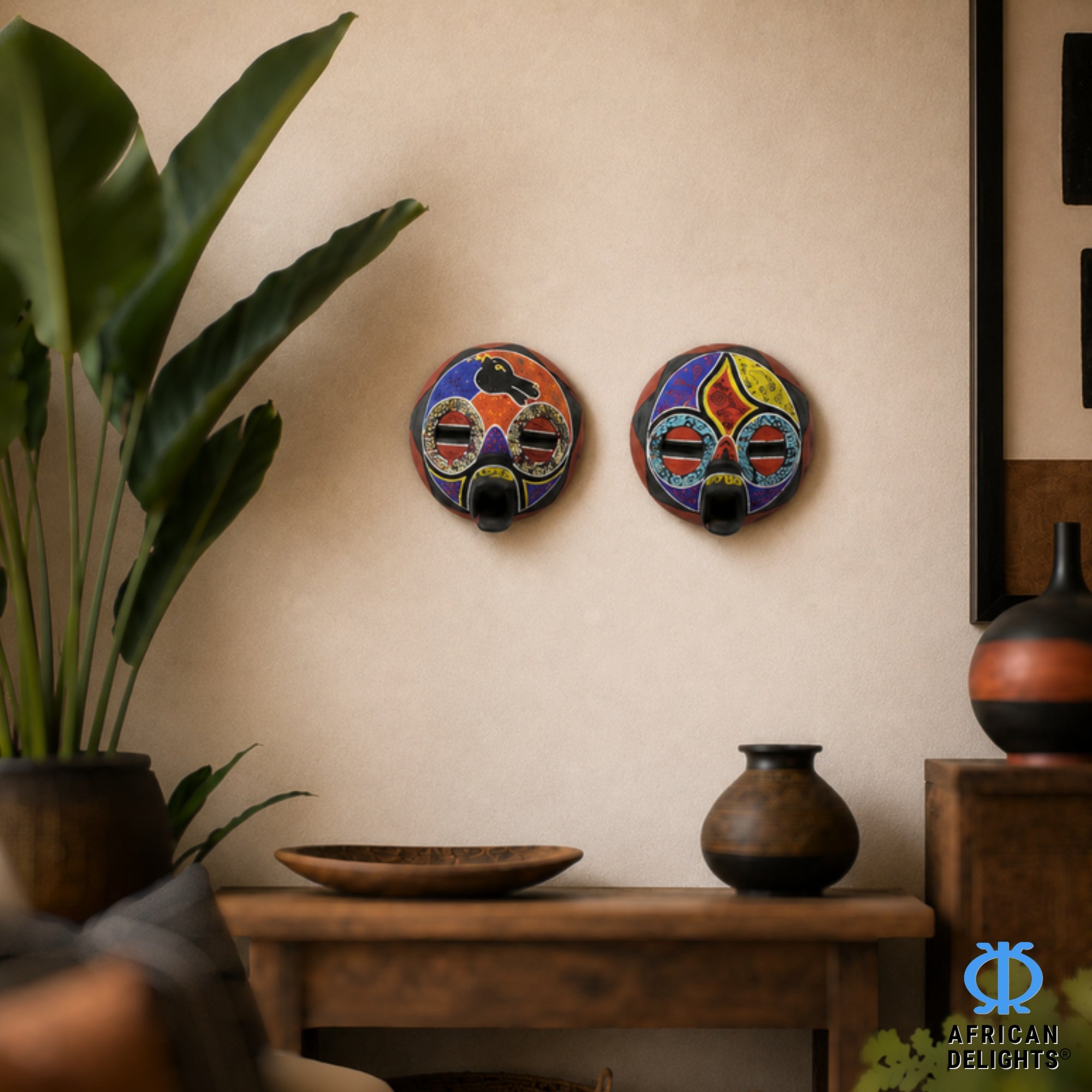 Elephant Royal Mask – African wall art mask detail view, handcrafted by Ghanaian Artisans, Ghana. African Delights.