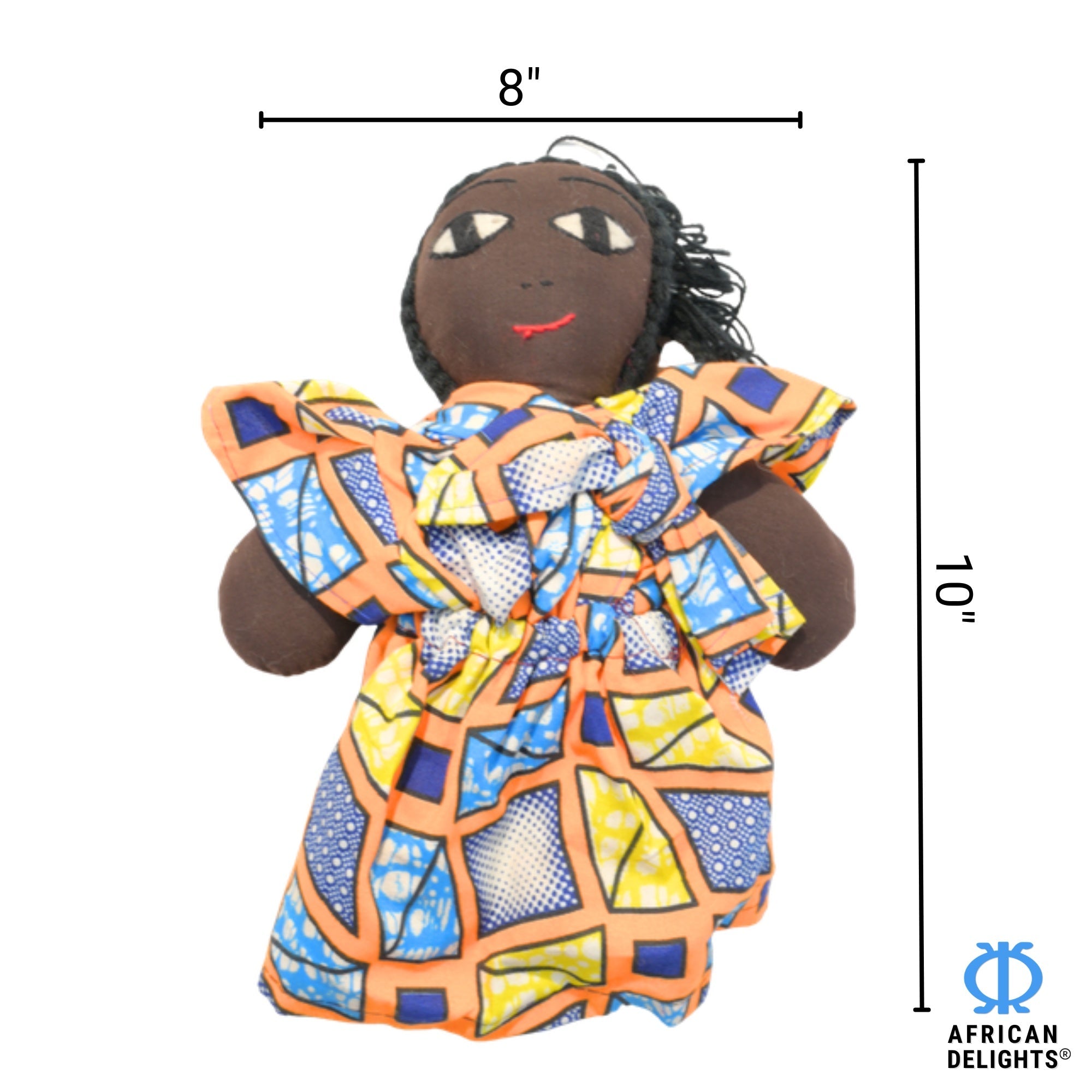 Gold African fabric doll size guide – 10-inch handmade Ghanaian collectible figurine. African Delights. #Color_Gold