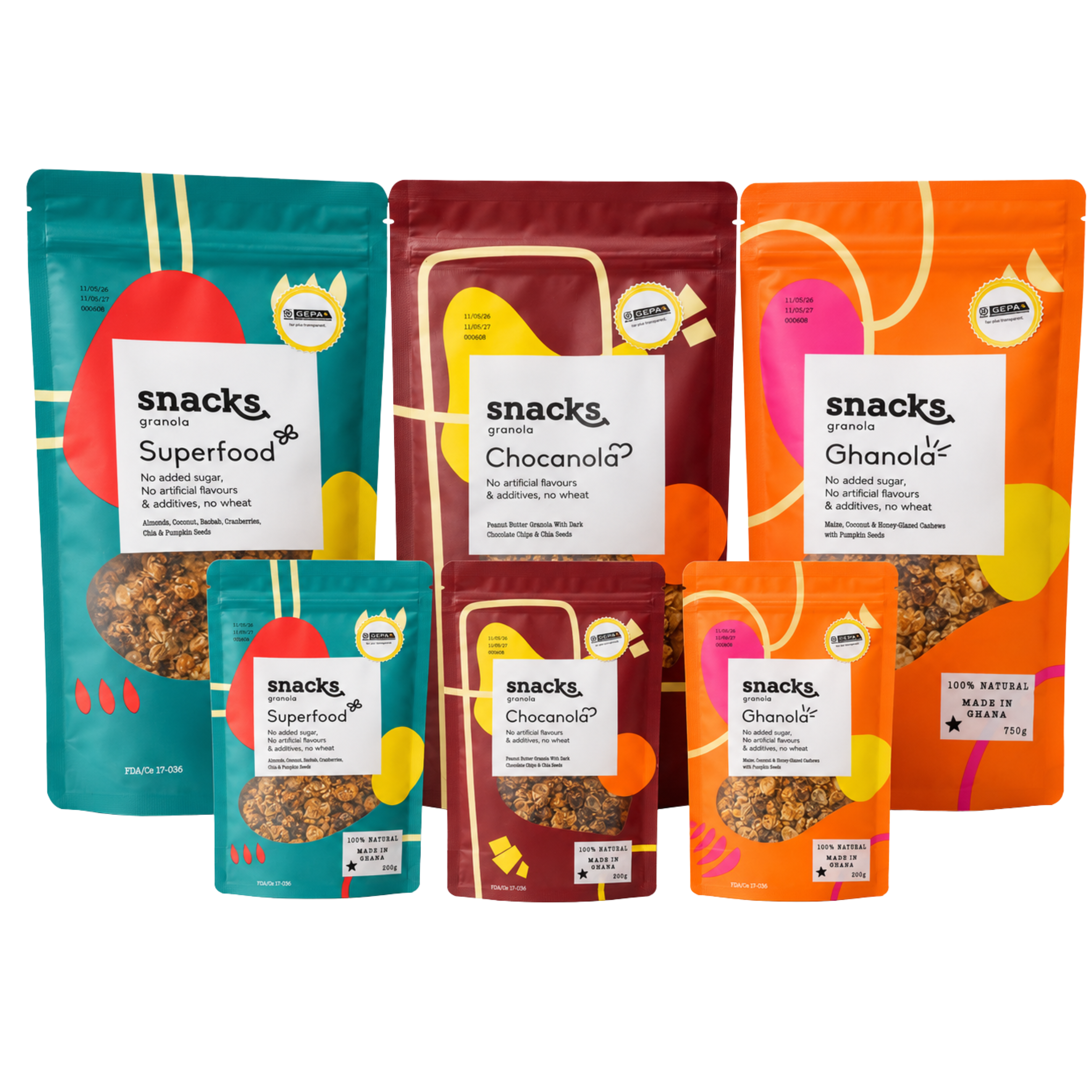 African Delights granola family, all 3 flavors and both sizes