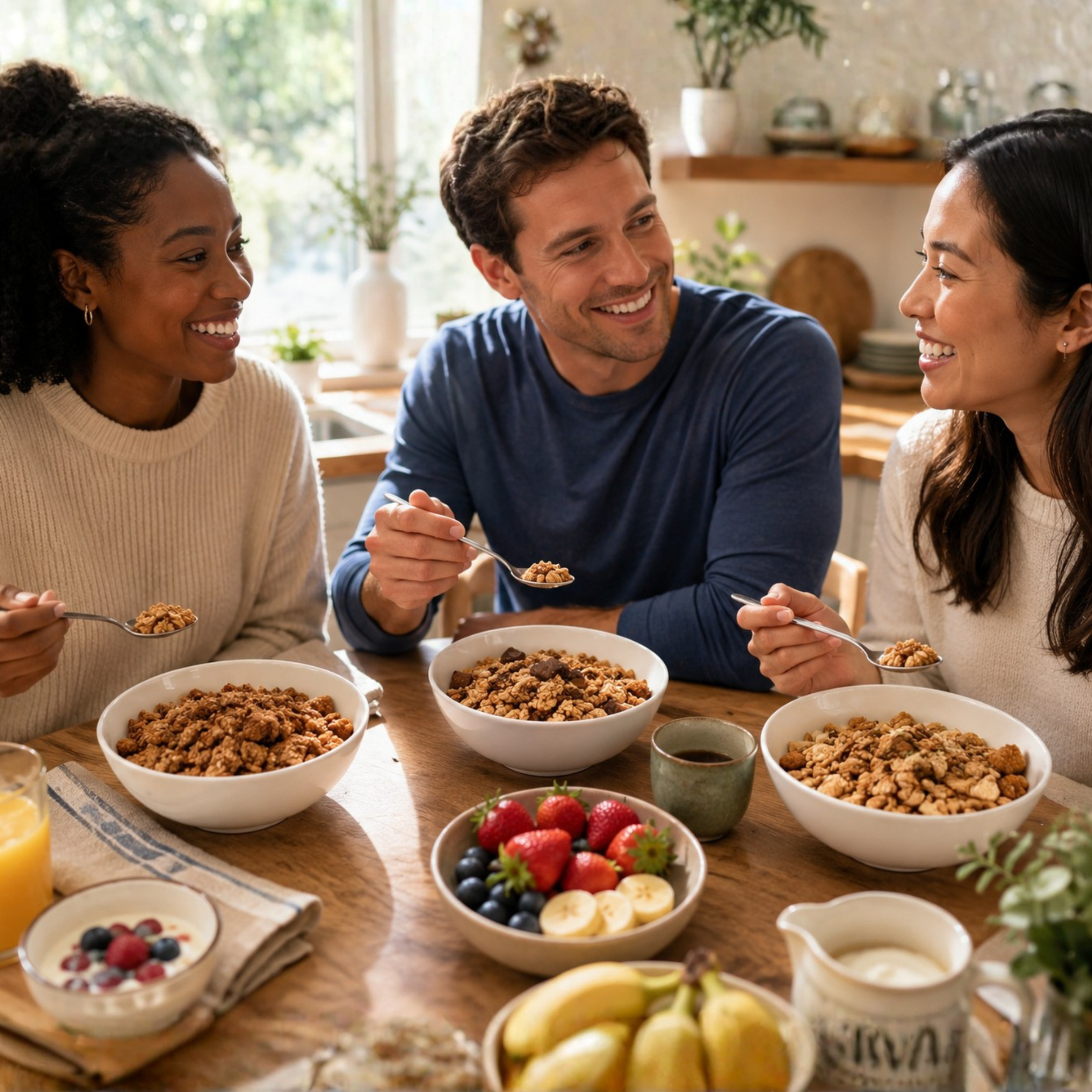 Friends sharing African Delights granola bowls together