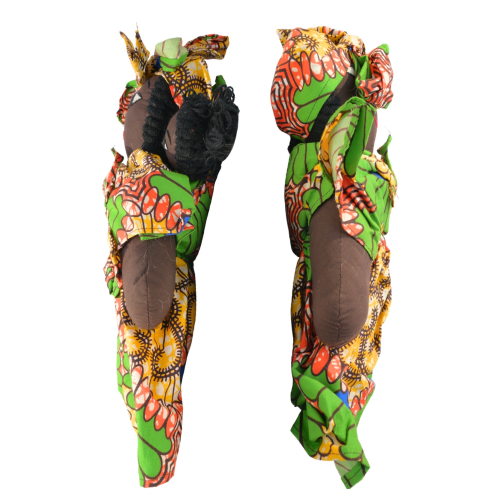 Green African fabric doll back and side view – 15-inch handmade Ghanaian artisan collectible. African Delights. #Color_Green