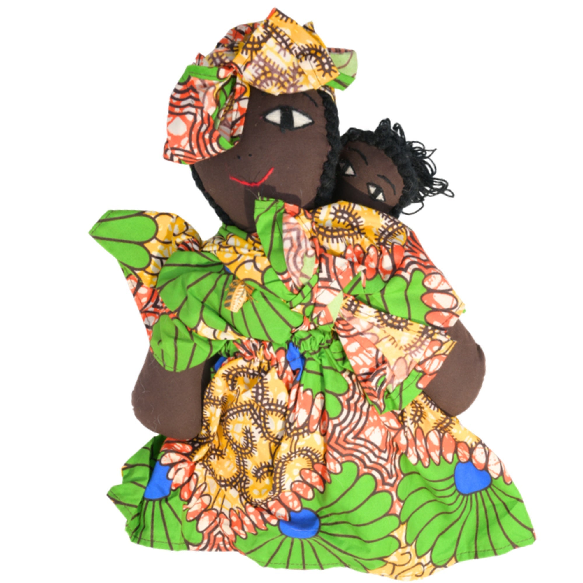 Green Handmade African Fabric Doll with Baby – 15-inch Ghanaian artisan collectible, mother and baby in traditional wrap. African Delights. #Color_Green