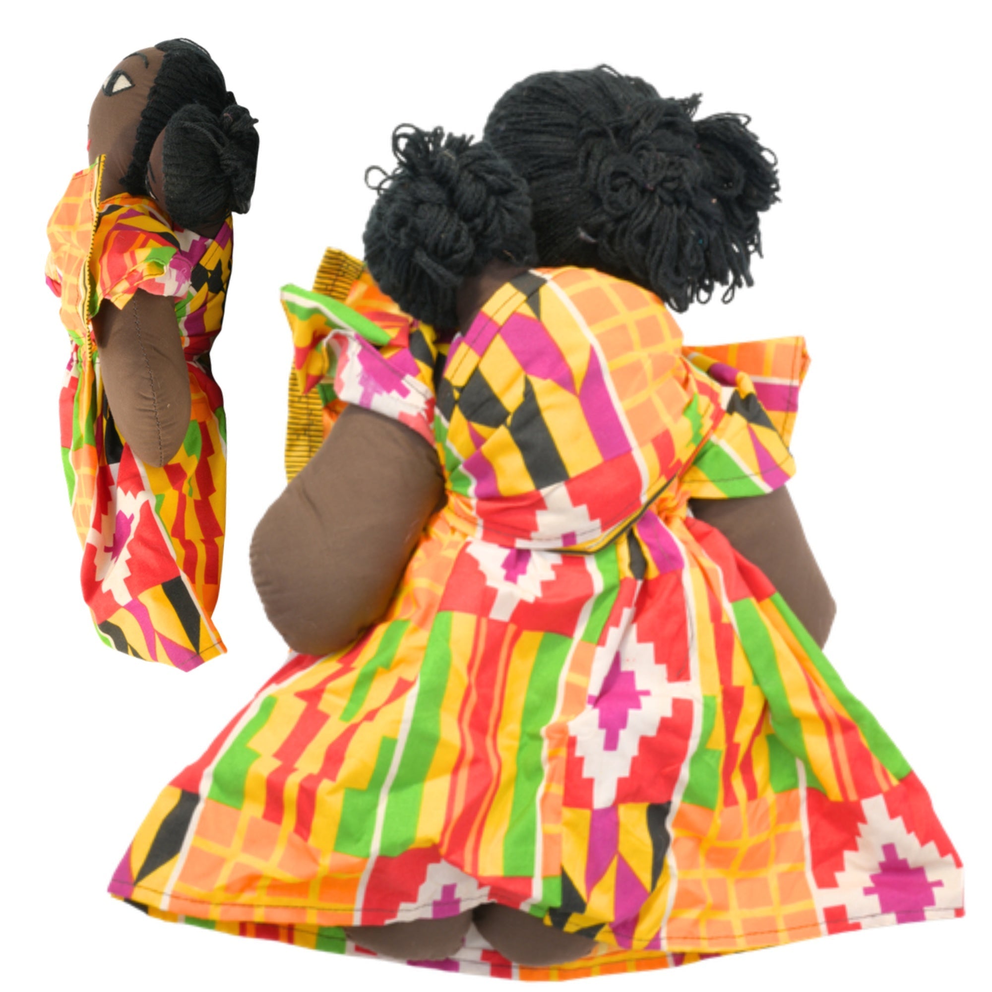 Kente African fabric doll back and side view – 15-inch handmade Ghanaian artisan collectible. African Delights. #Color_Kente