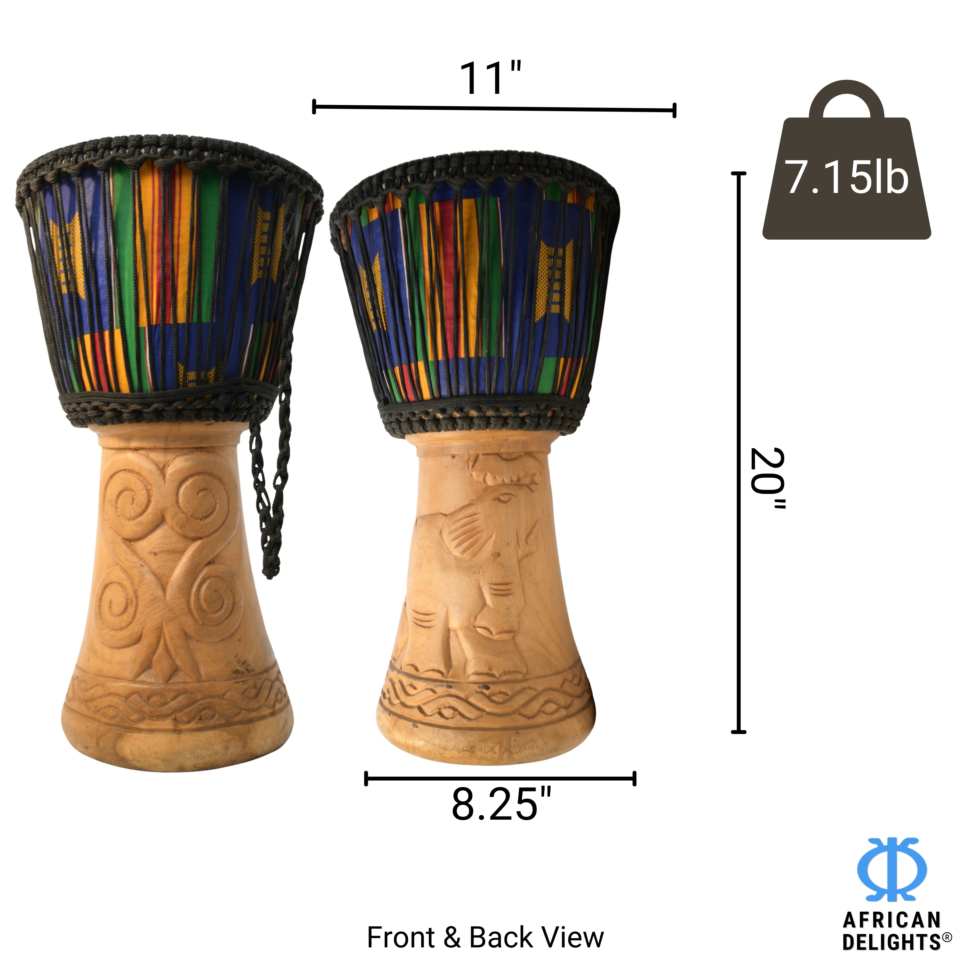 Brown with Elephant and Dwennimmen large djembe size and dimensions # color_Brown with Elephant and Dwennimmen