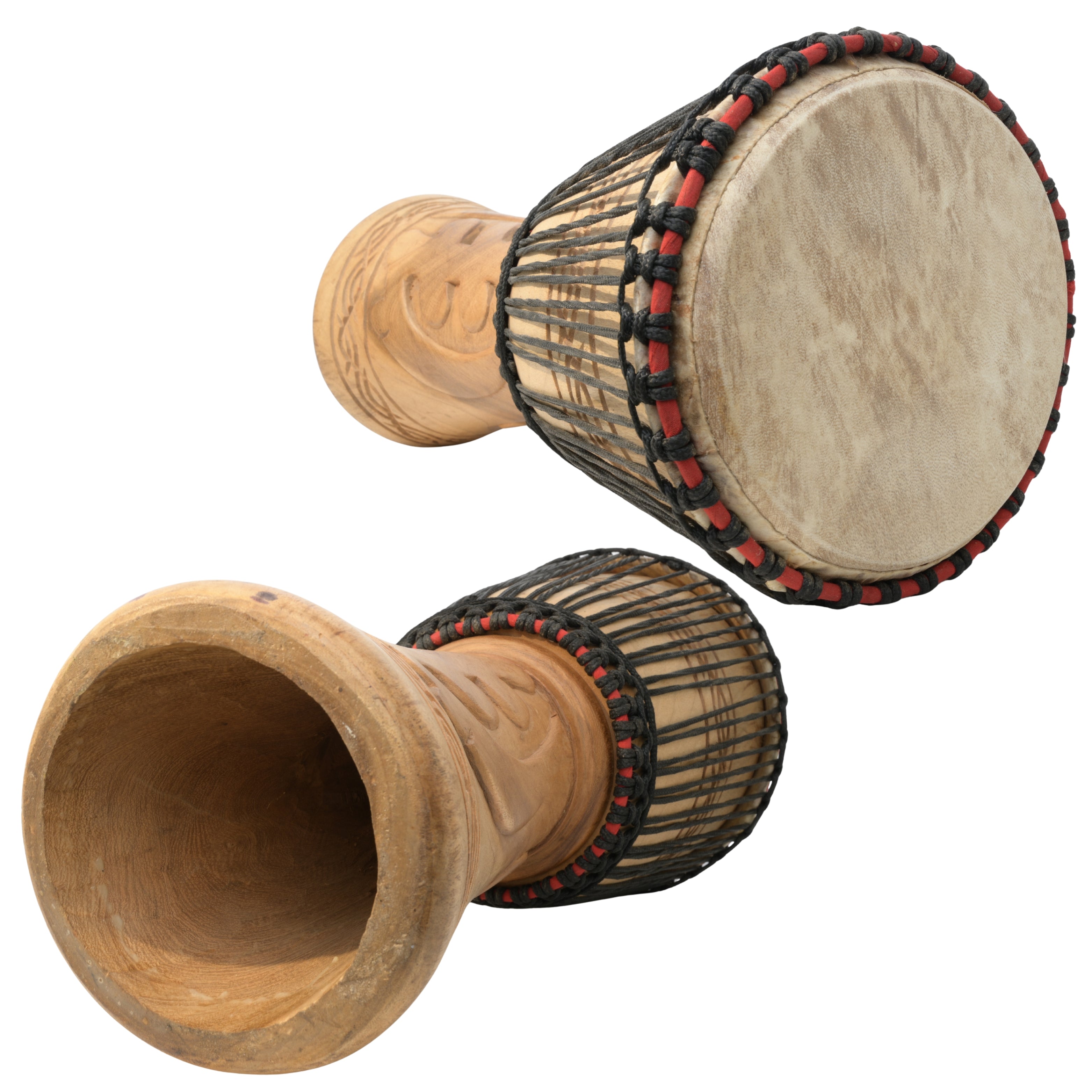 Brown with Gye Nyame and Dwennimmen large djembe side, drumhead, rope tuning and open-base detail # color_Brown with Gye Nyame and Dwennimmen