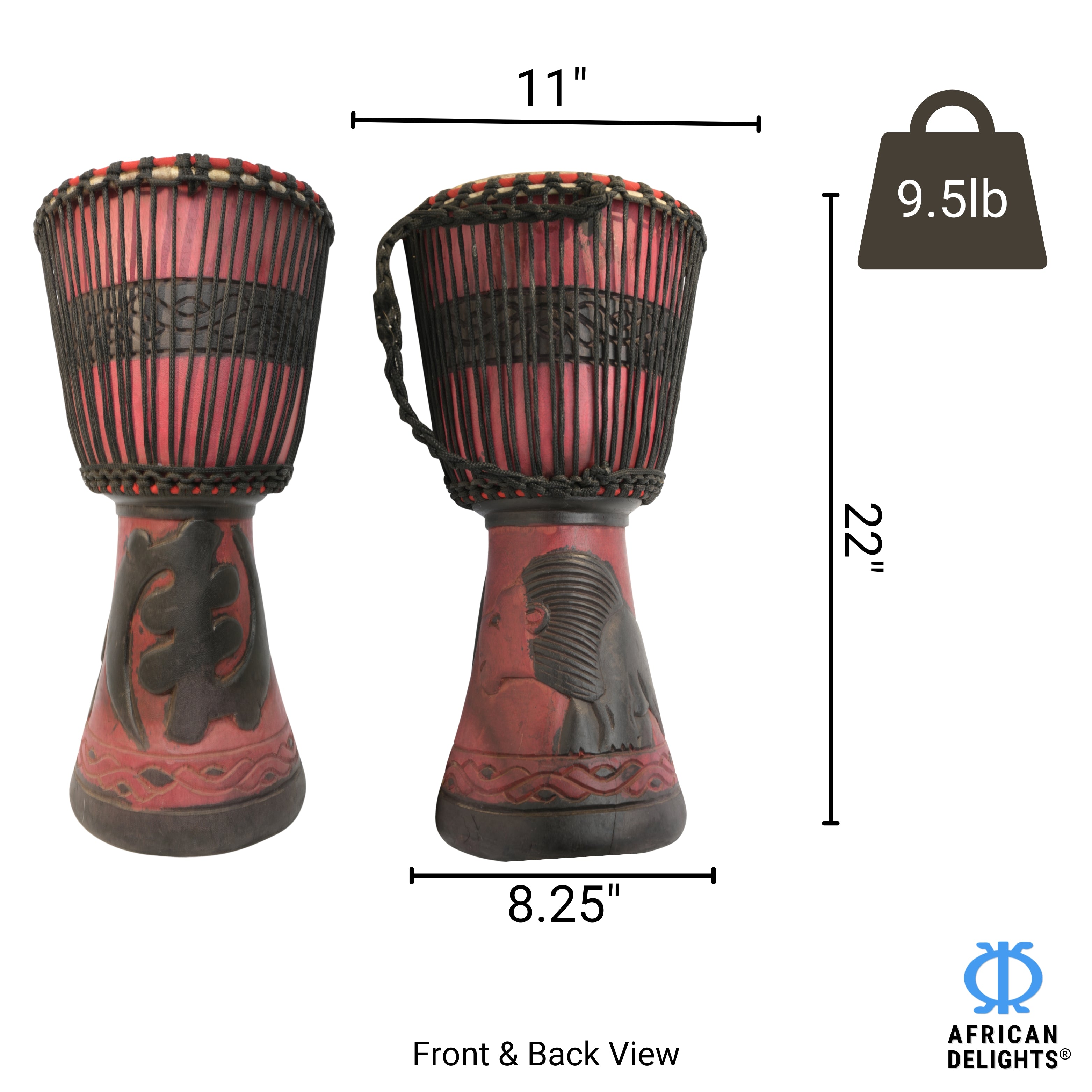 Red with Lion and Gye Nyame large djembe size and dimensions # color_Red with Lion and Gye Nyame