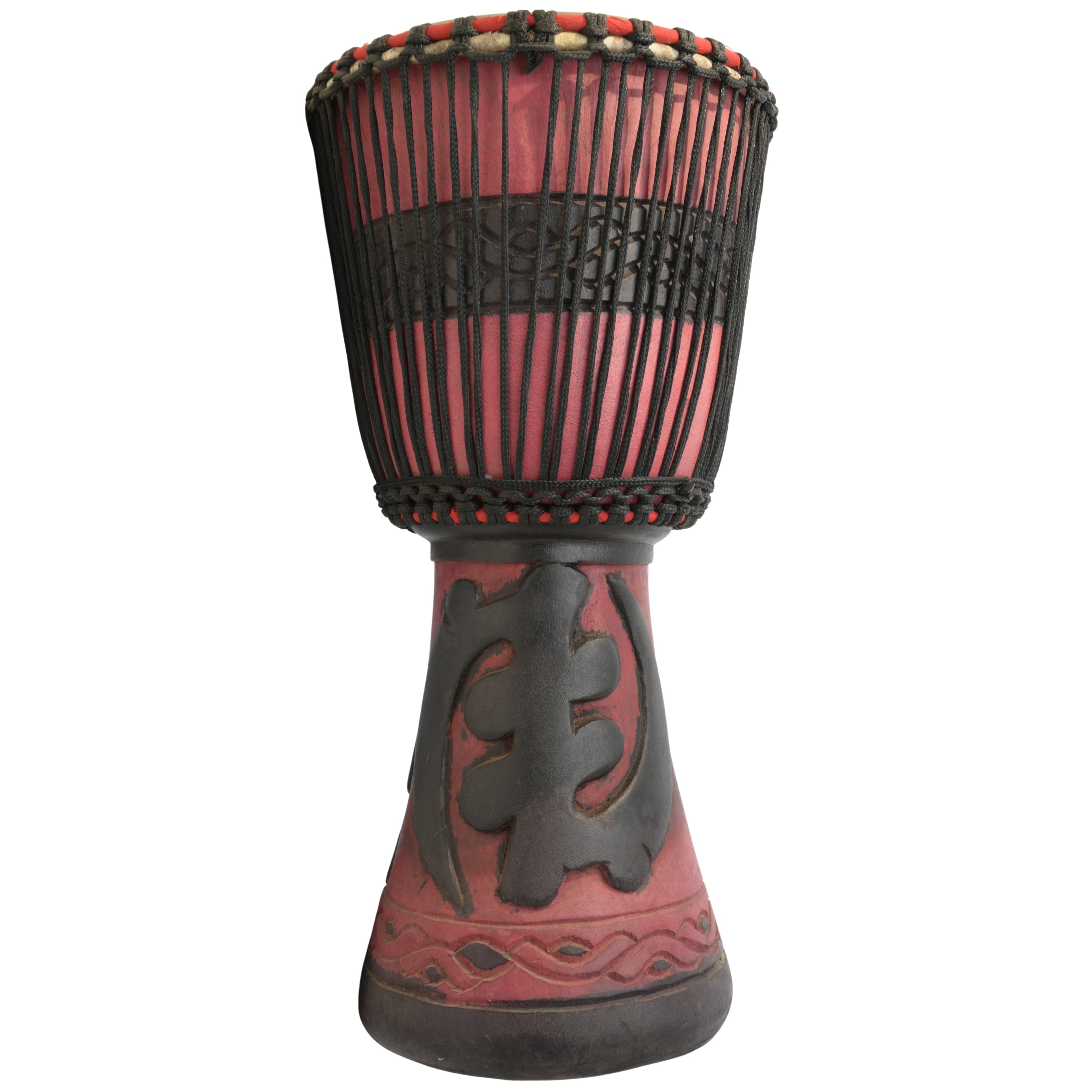 Red with Lion and Gye Nyame large Ghana djembe, hand-carved, natural goat-skin head # color_Red with Lion and Gye Nyame