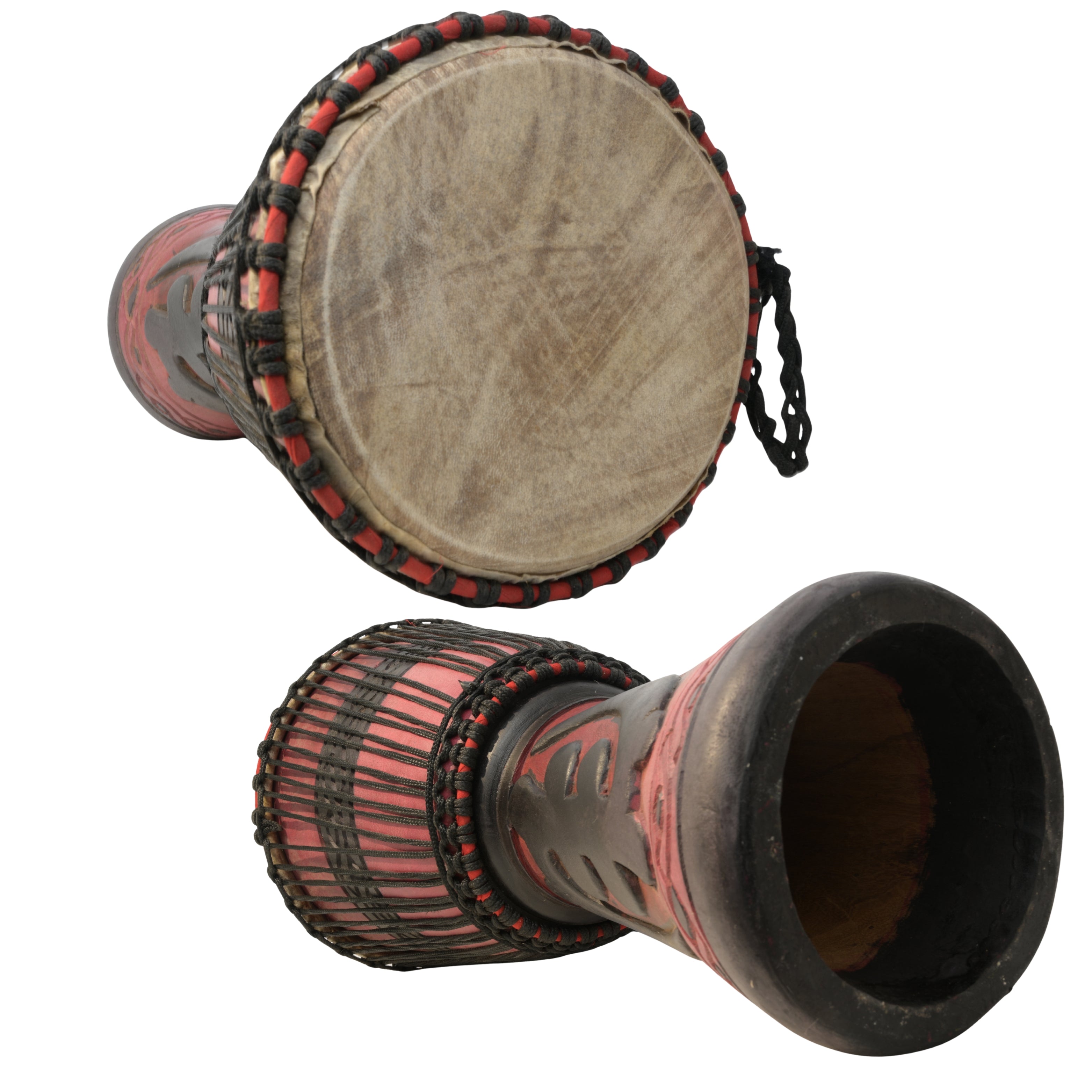 Red with Lion and Gye Nyame large djembe side, drumhead, rope tuning and open-base detail # color_Red with Lion and Gye Nyame