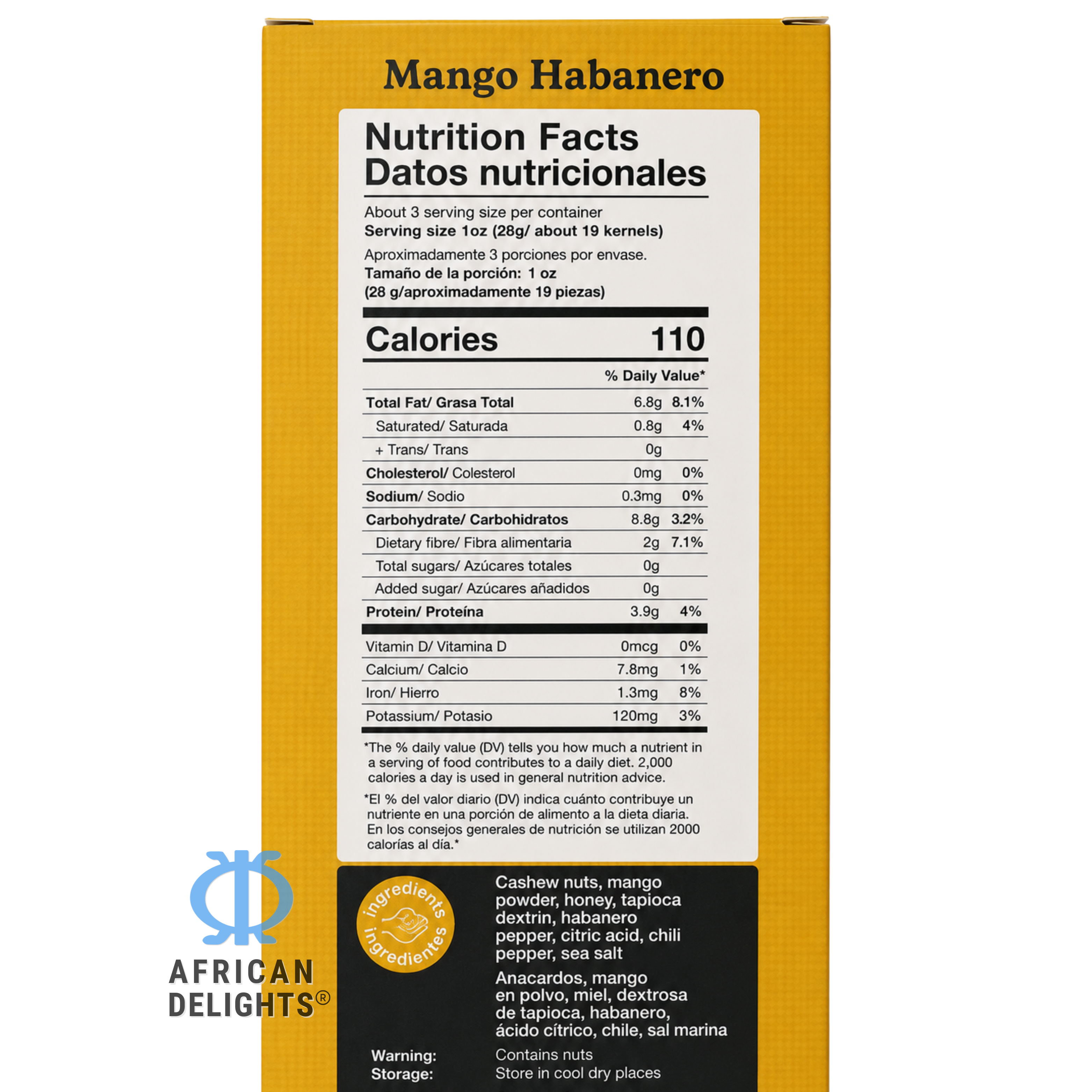African Delights Mango Habanero Cashews ingredients and nutrition facts # Flavor_Mango Habanero Clusters (100g x2-Pack)