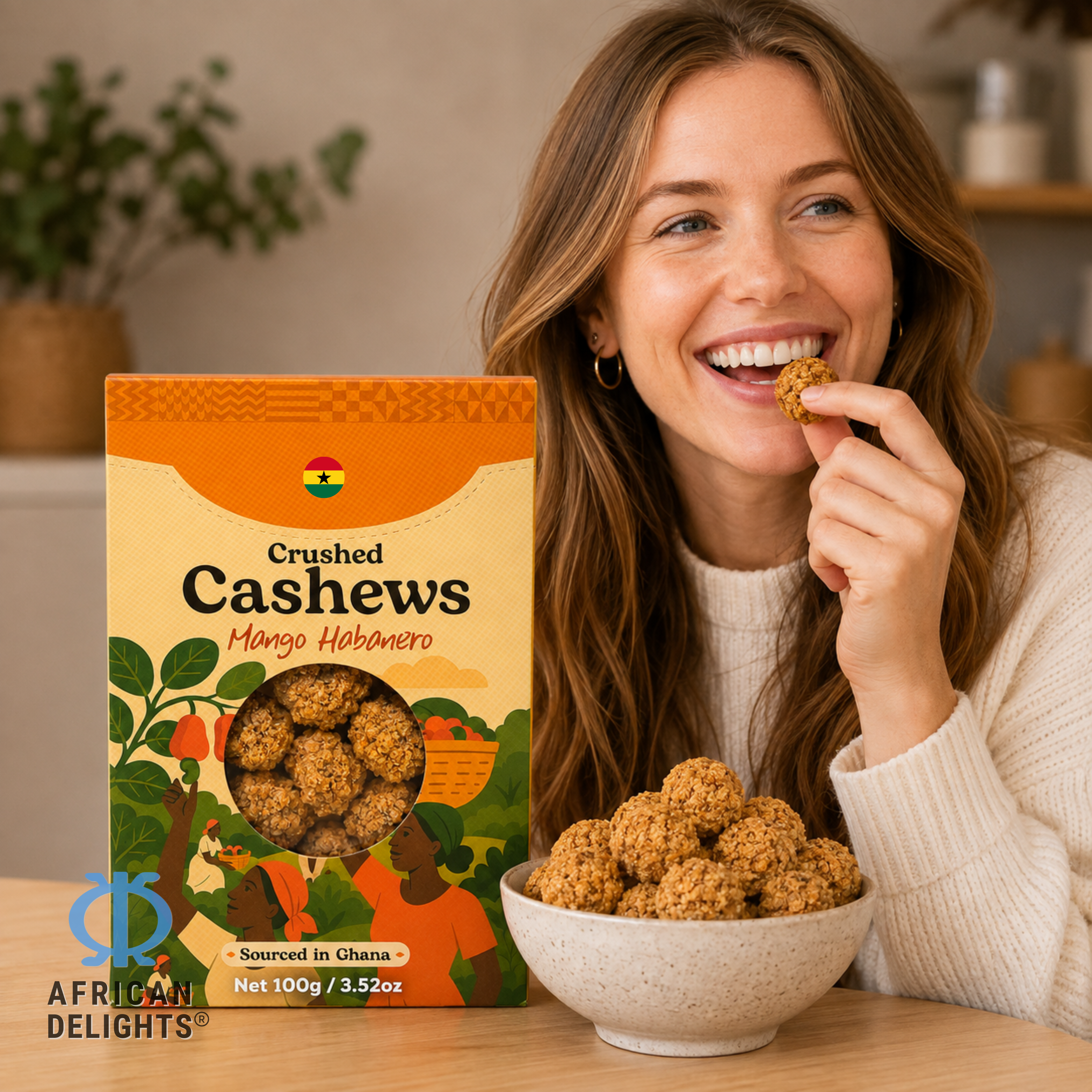 African Delights Mango Habanero Cashews lifestyle photo # Flavor_Mango Habanero Clusters (100g x2-Pack)