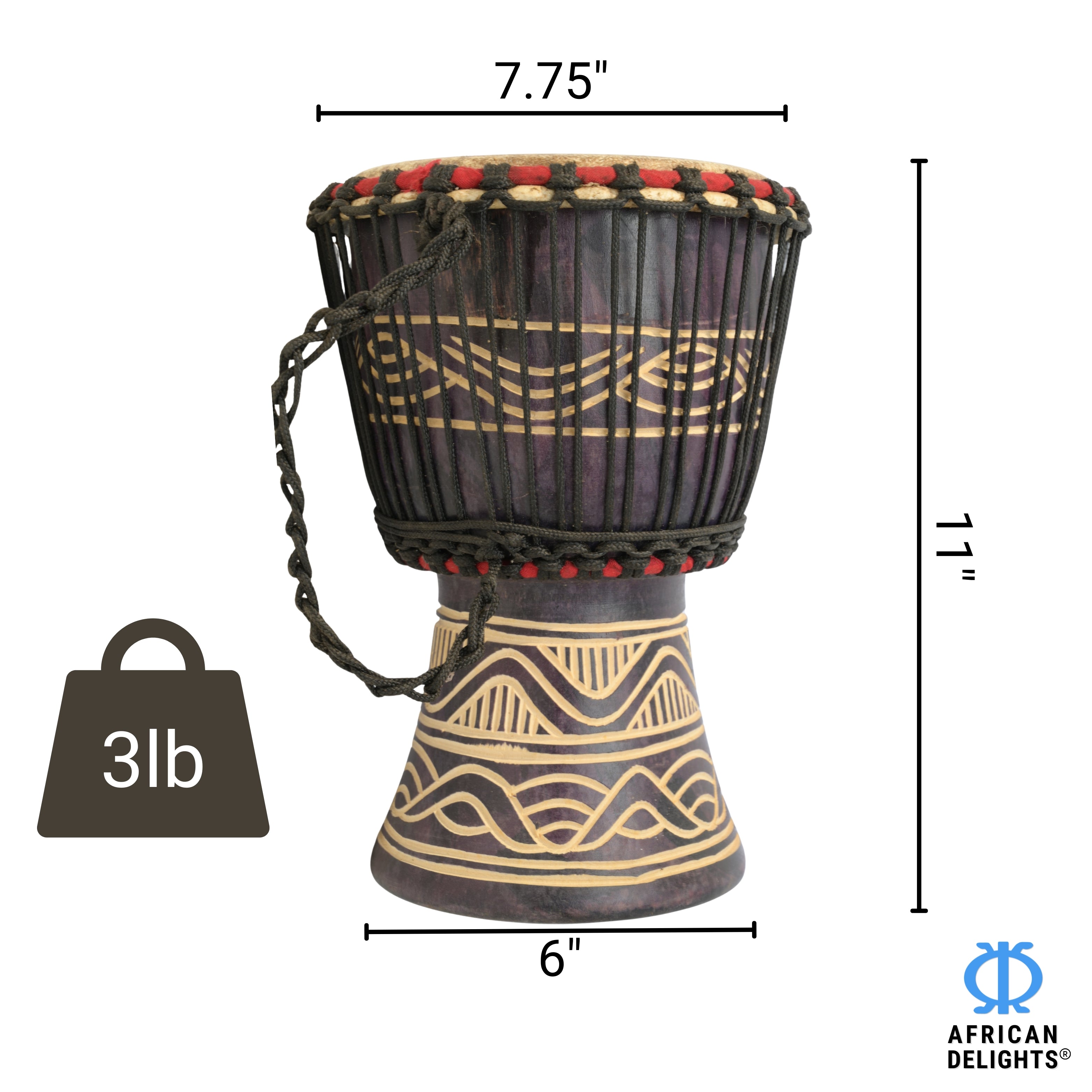 Black with wave etching medium djembe drum size and dimensions – 7.75" goat-skin head, 11" tall, 3 lb # color_Black with wave etching
