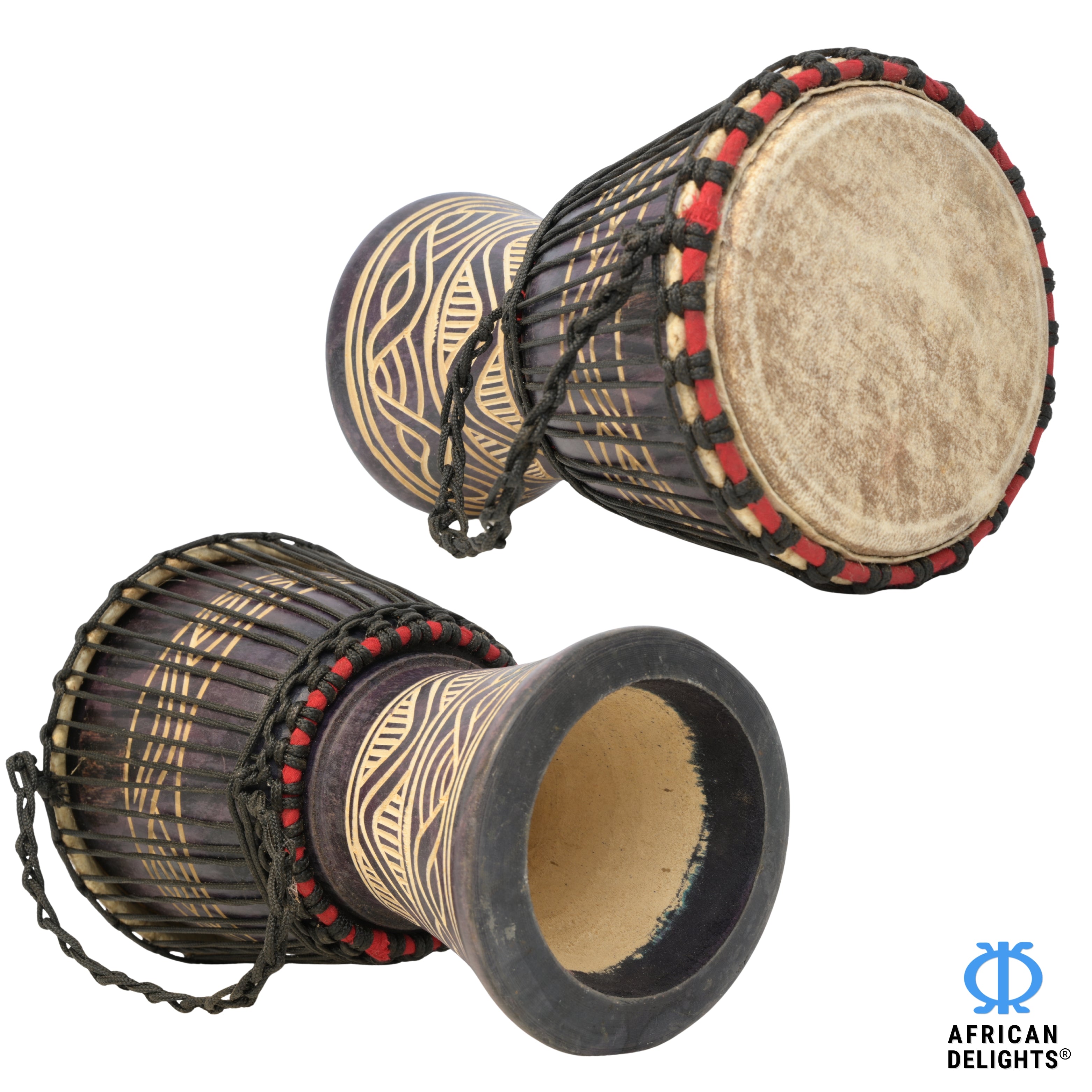 Black with wave etching medium djembe drum side and back view, hand-carved hardwood and goat-skin head # color_Black with wave etching