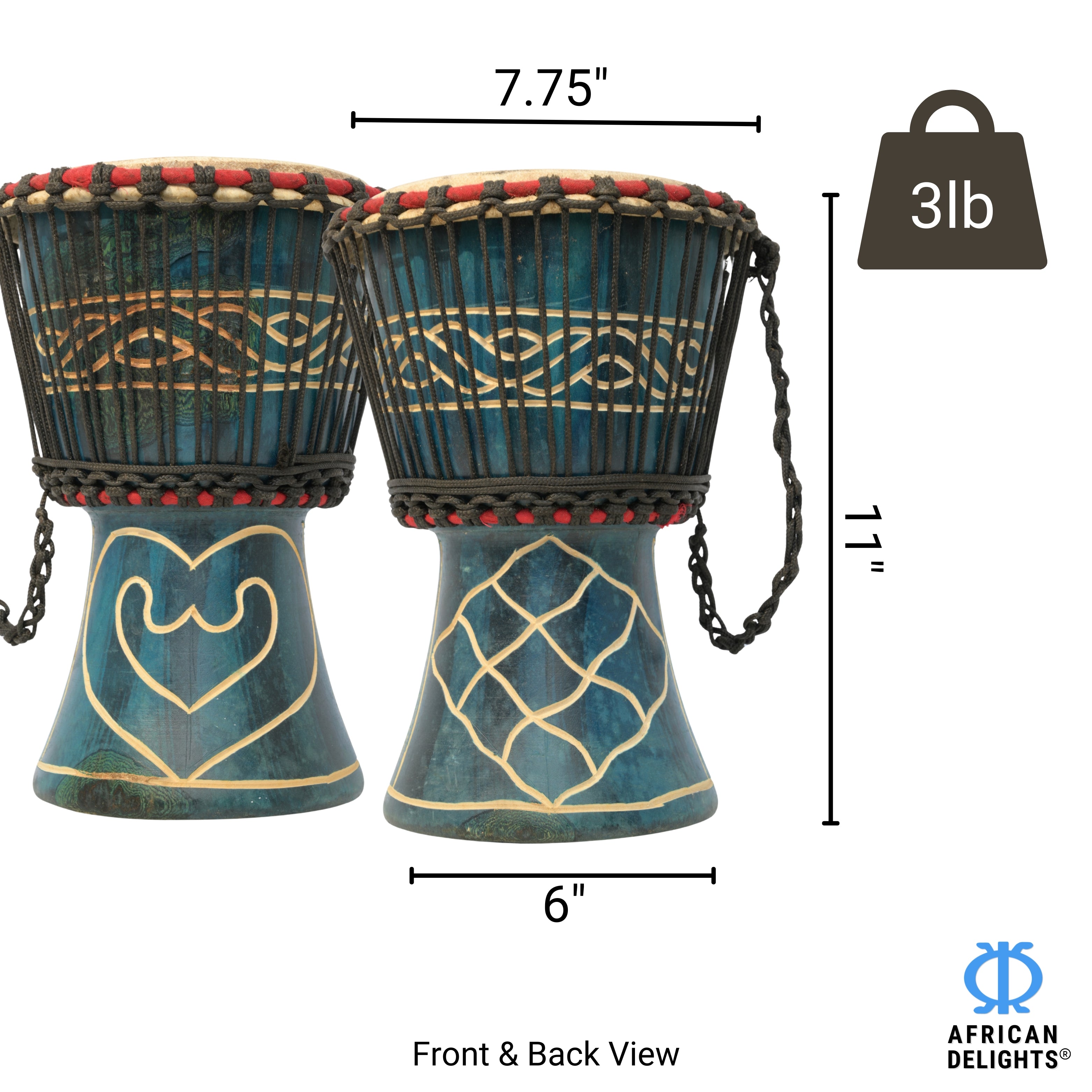Blue with Akoma and Ani Bere A Enso Gya medium djembe drum size and dimensions – 7.75" goat-skin head, 11" tall, 3 lb # color_Blue with Akoma and Ani Bere A Enso Gya