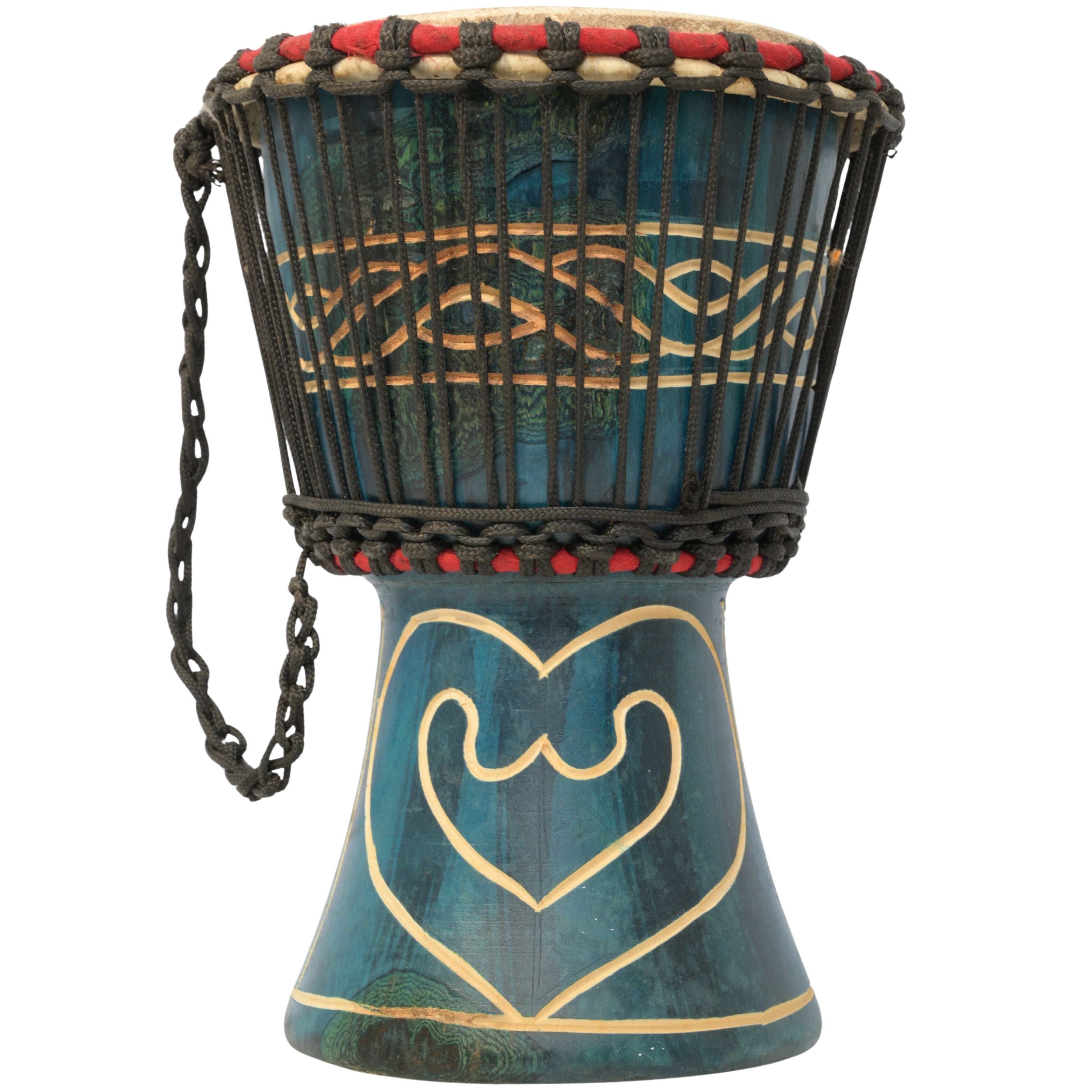 Medium Ghana djembe with Akoma and Ani Bere A Enso Gya Adinkra symbols representing love and self-control # color_Blue with Akoma and Ani Bere A Enso Gya