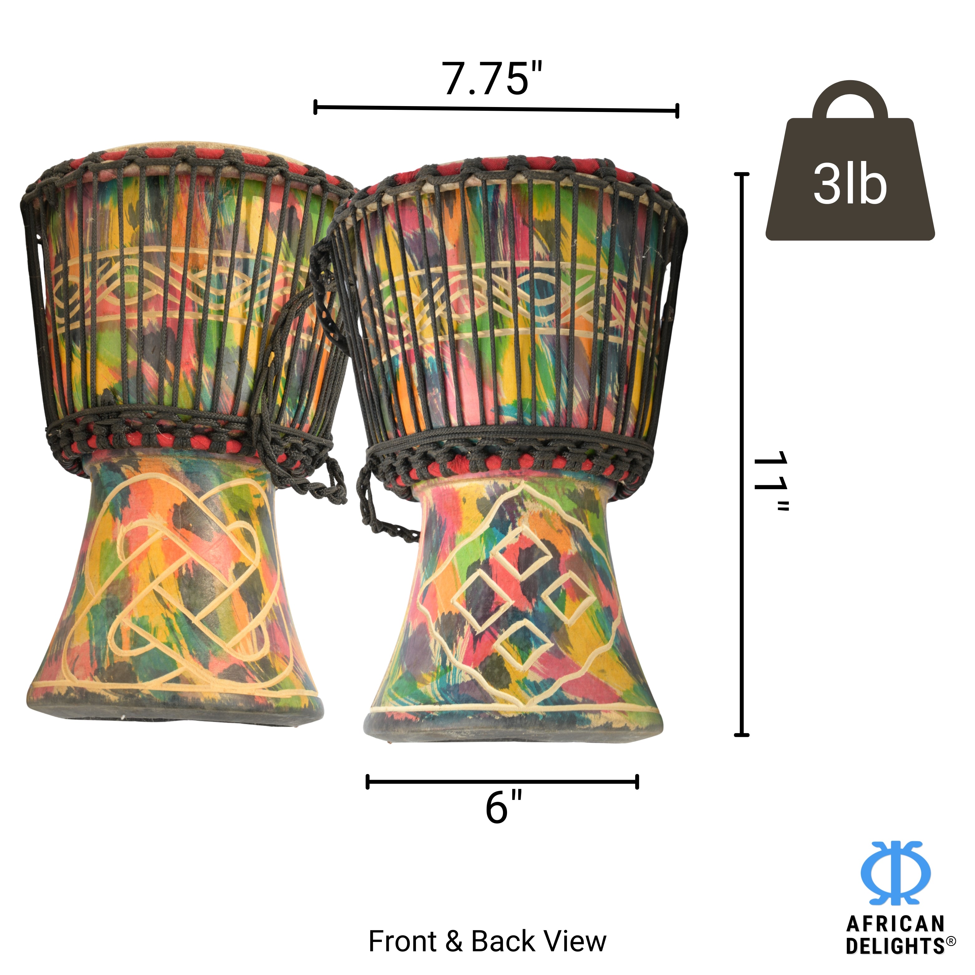 Multicolor with Eban and Kramo Bone Amma Yeanhu Kramo Pa medium djembe drum size and dimensions – 7.75" goat-skin head, 11" tall, 3 lb # color_Multicolor with Eban and Kramo Bone Amma Yeanhu Kramo Pa