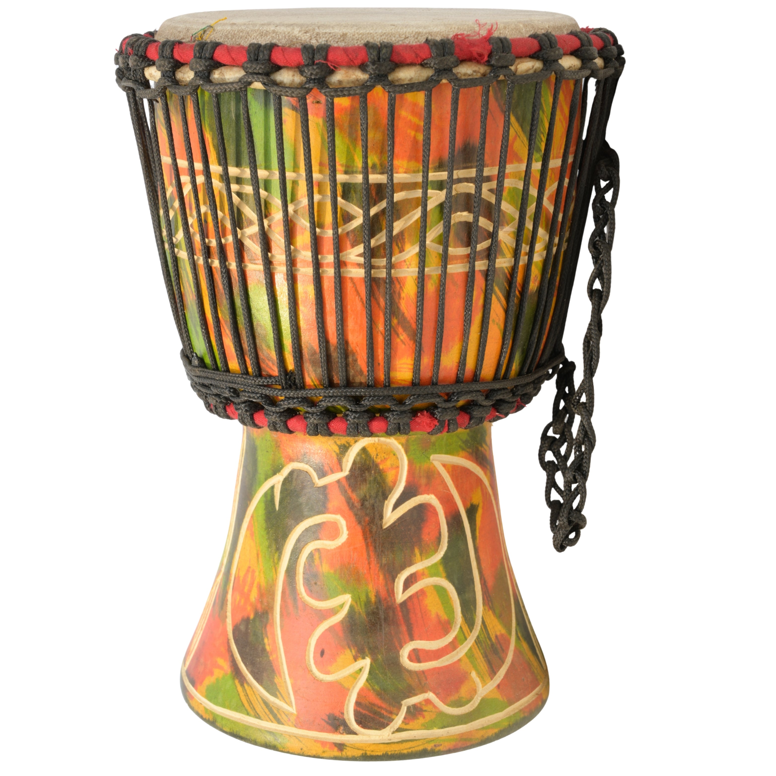 Medium Ghana djembe with Gye Nyame and Akoma Adinkra symbols representing divine supremacy and love # color_Multicolor with Gye Nyame and Akoma