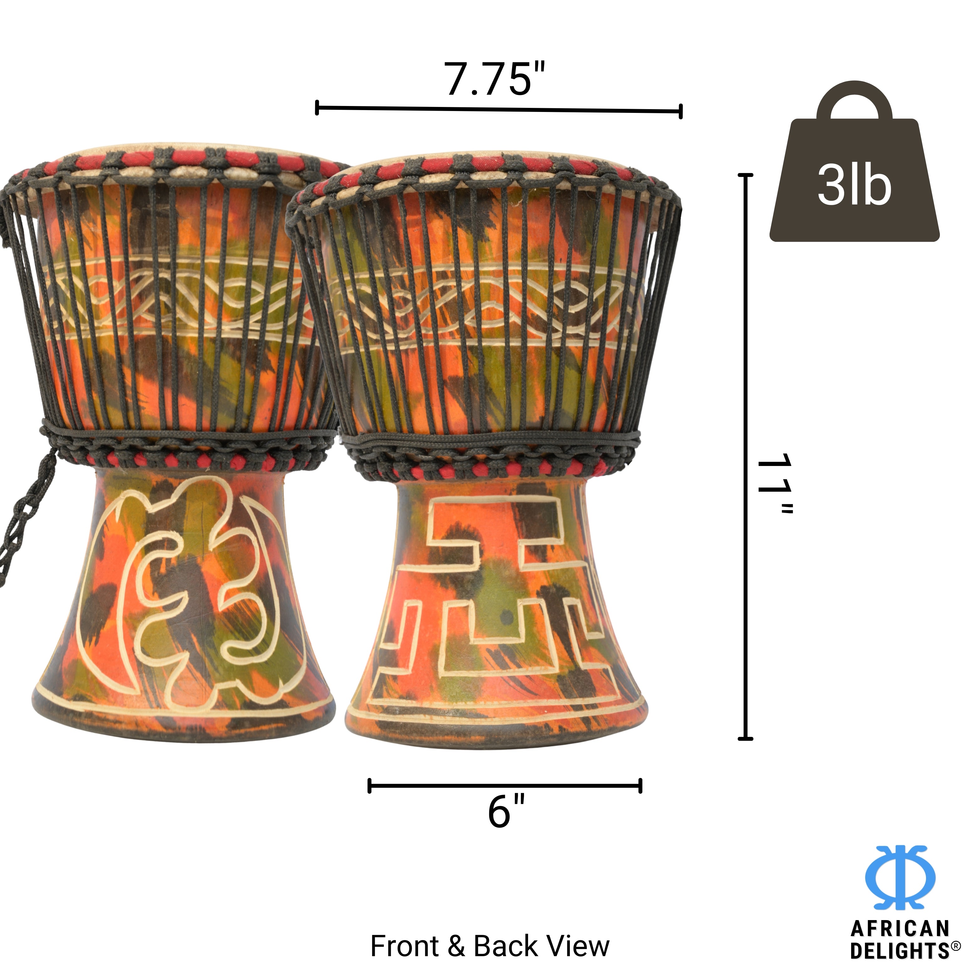 Multicolor with Gye Nyame and Hwehwemudua medium djembe drum size and dimensions – 7.75" goat-skin head, 11" tall, 3 lb # color_Multicolor with Gye Nyame and Hwehwemudua