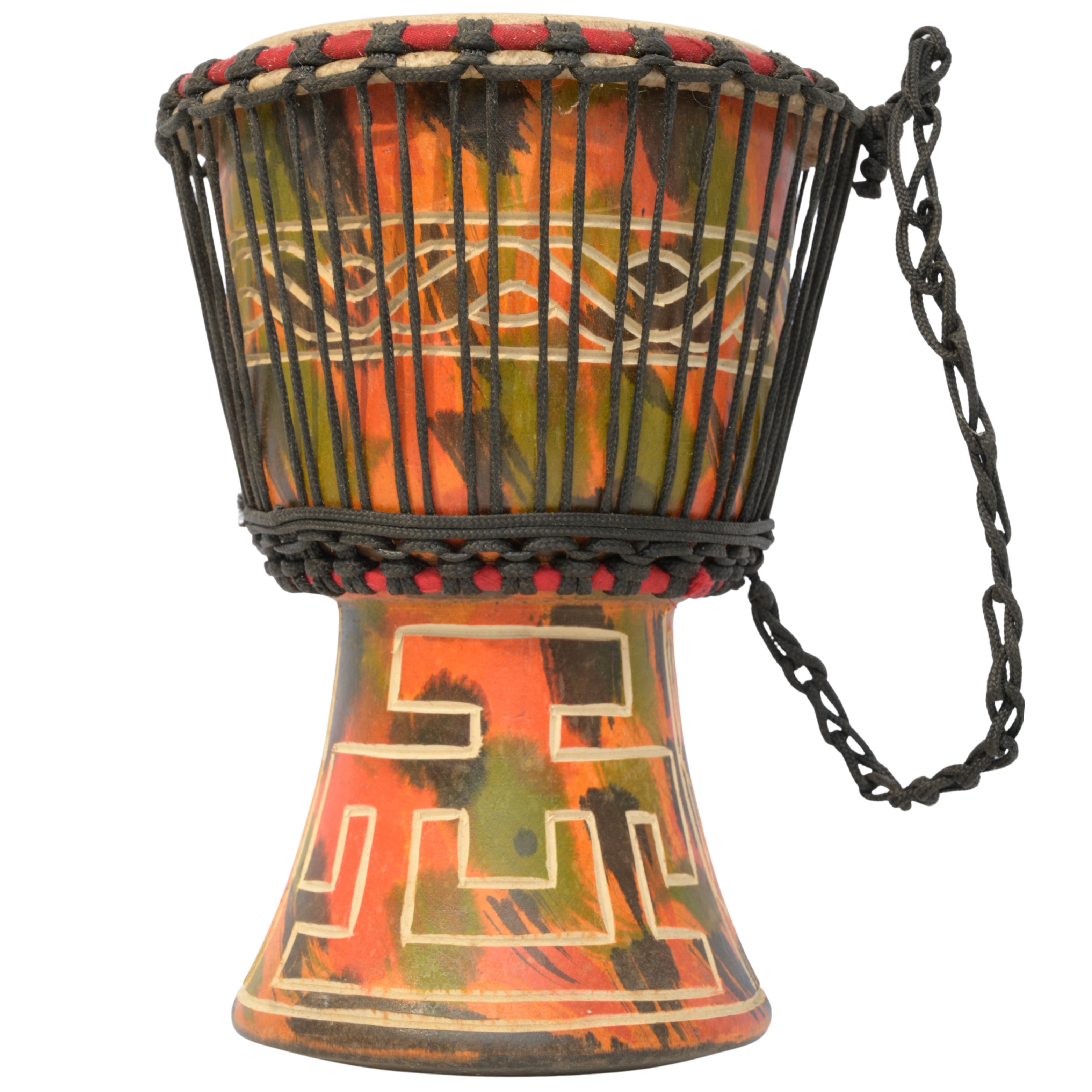 Medium Ghana djembe with Gye Nyame and Hwehwemudua Adinkra symbols representing faith and excellence # color_Multicolor with Gye Nyame and Hwehwemudua
