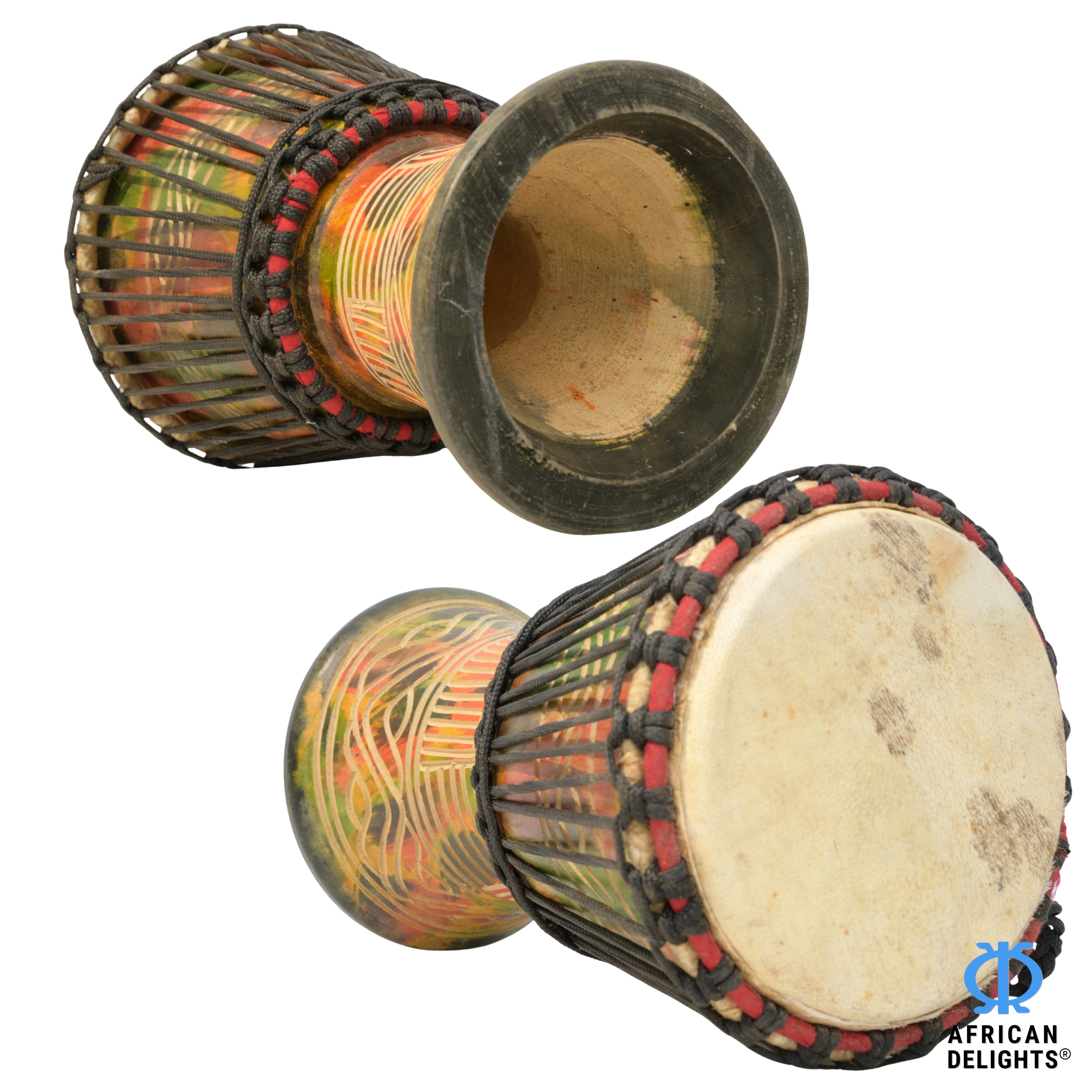 Multicolor with Wave Etching medium djembe drum side and back view, hand-carved hardwood and goat-skin head # color_Multicolor with Wave Etching