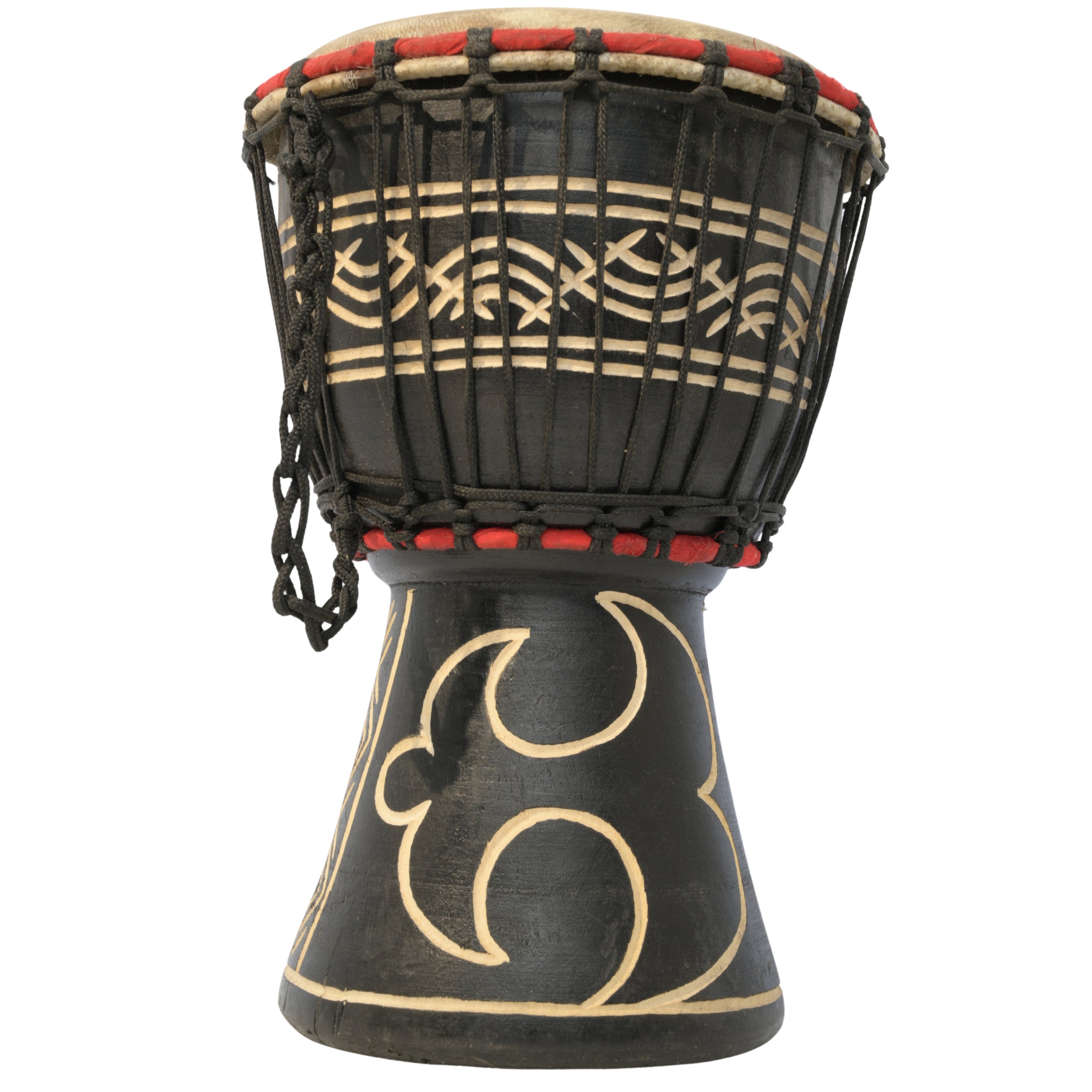 Medium-Small Ghana djembe with Akoko Nan Adinkra symbol representing discipline balanced with care #Color_Black with Akoko Nan etching