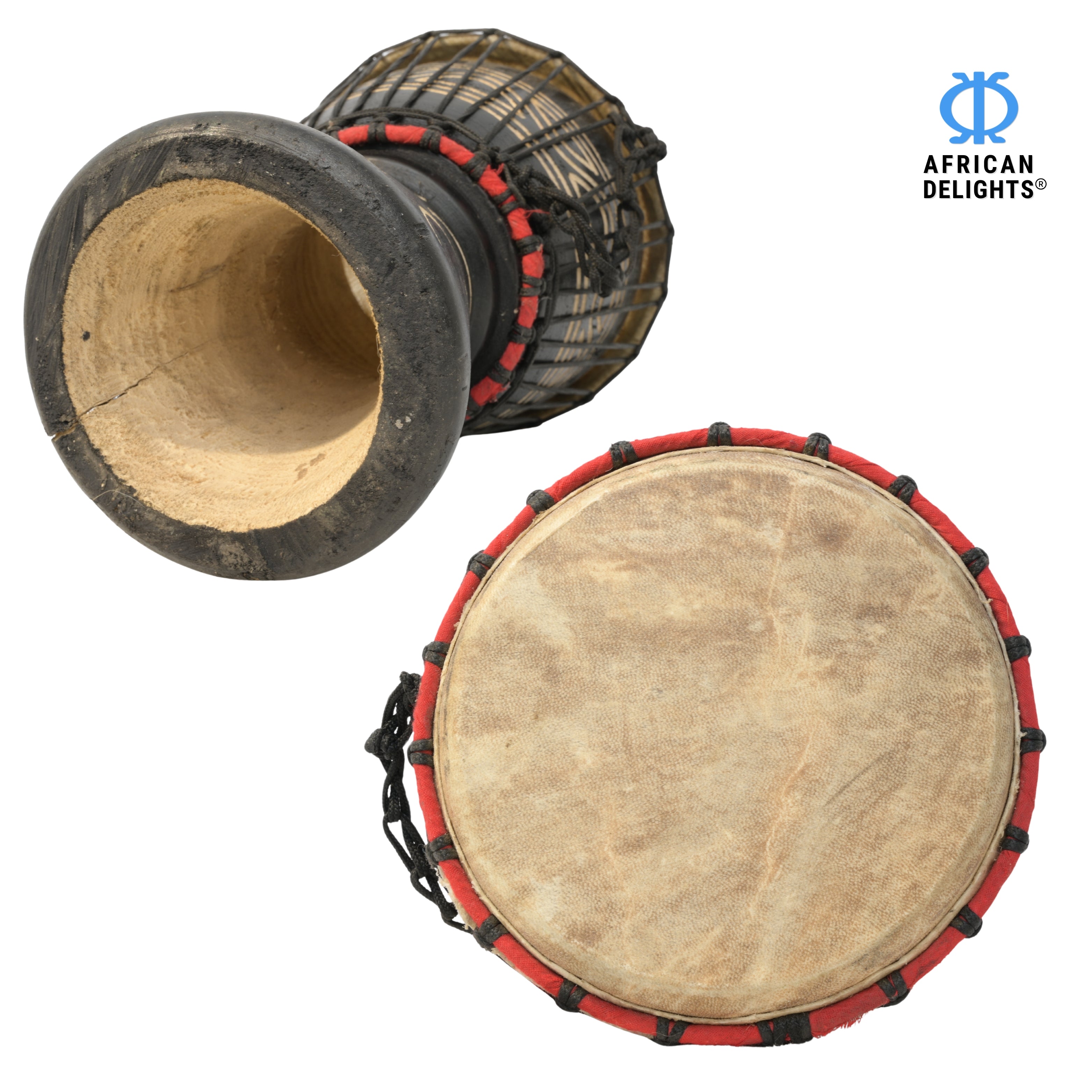 Black with Mpuannum etching medium-small djembe drum side and back view, hand-carved hardwood and goat-skin head # color_Black with Mpuannum etching
