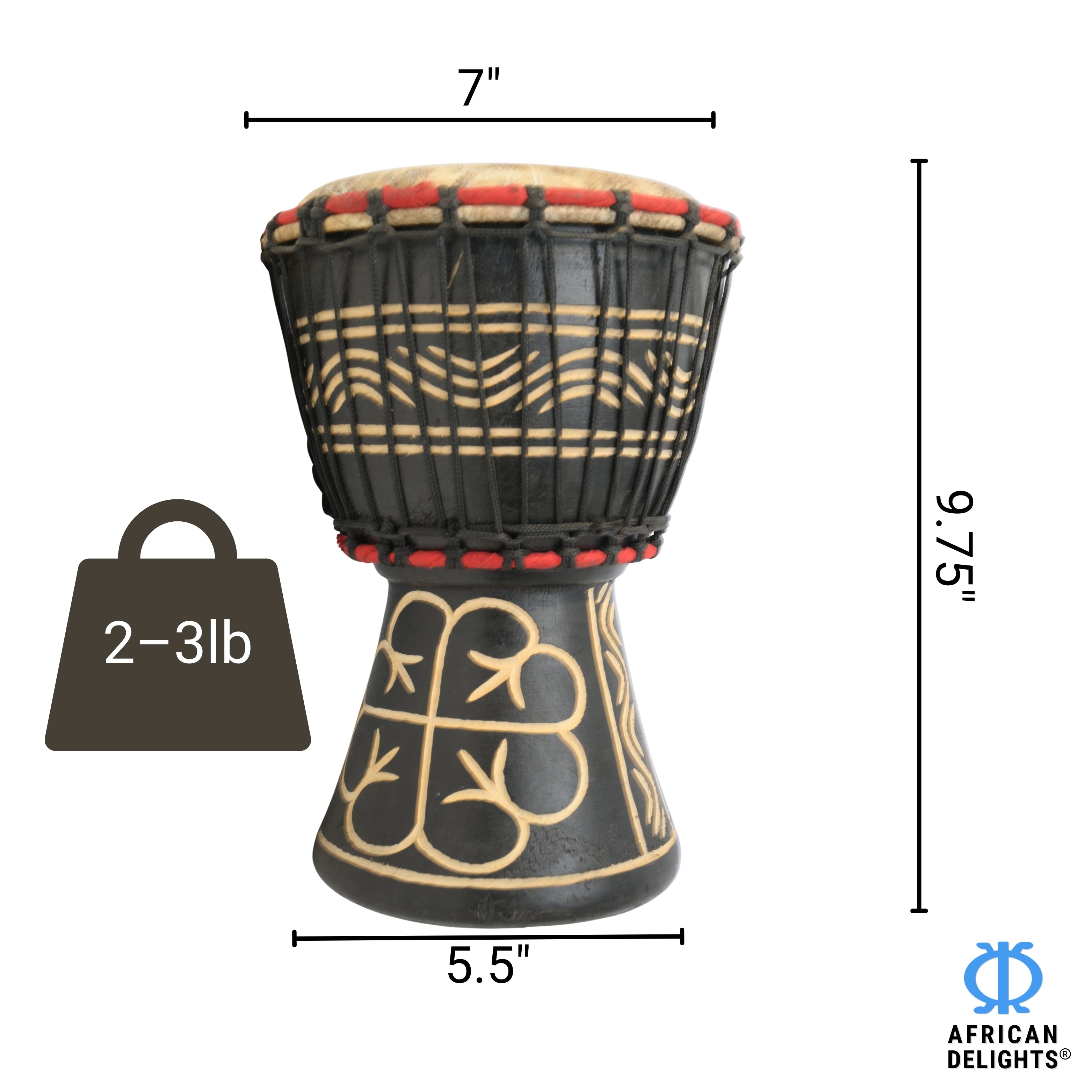 Black with Nyame Dua etching medium-small djembe drum size and dimensions – 7" goat-skin head, 9.75" tall, 2–3 lb # color_Black with Nyame Dua etching