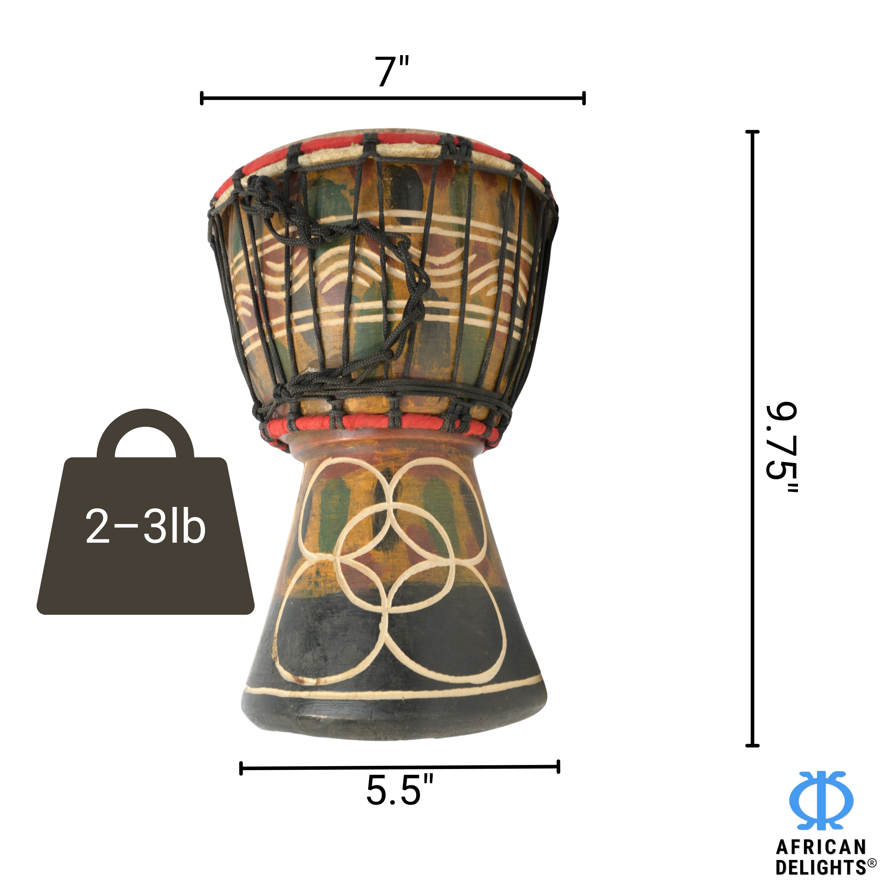 Multicolor with Mpuannum etching medium-small djembe drum size and dimensions – 7" goat-skin head, 9.75" tall, 2–3 lb # color_Multicolor with Mpuannum etching