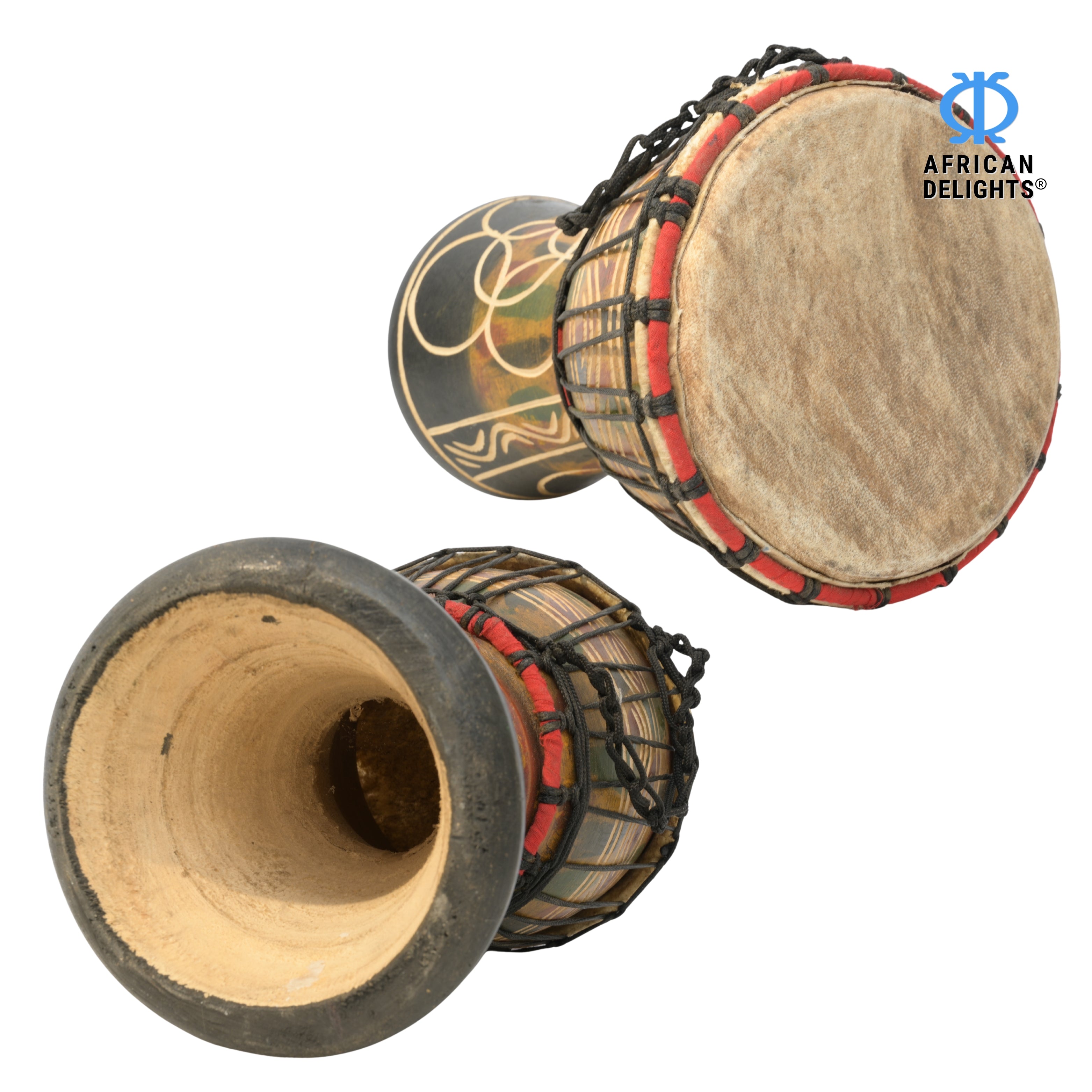 Multicolor with Mpuannum etching medium-small djembe drum side and back view, hand-carved hardwood and goat-skin head # color_Multicolor with Mpuannum etching
