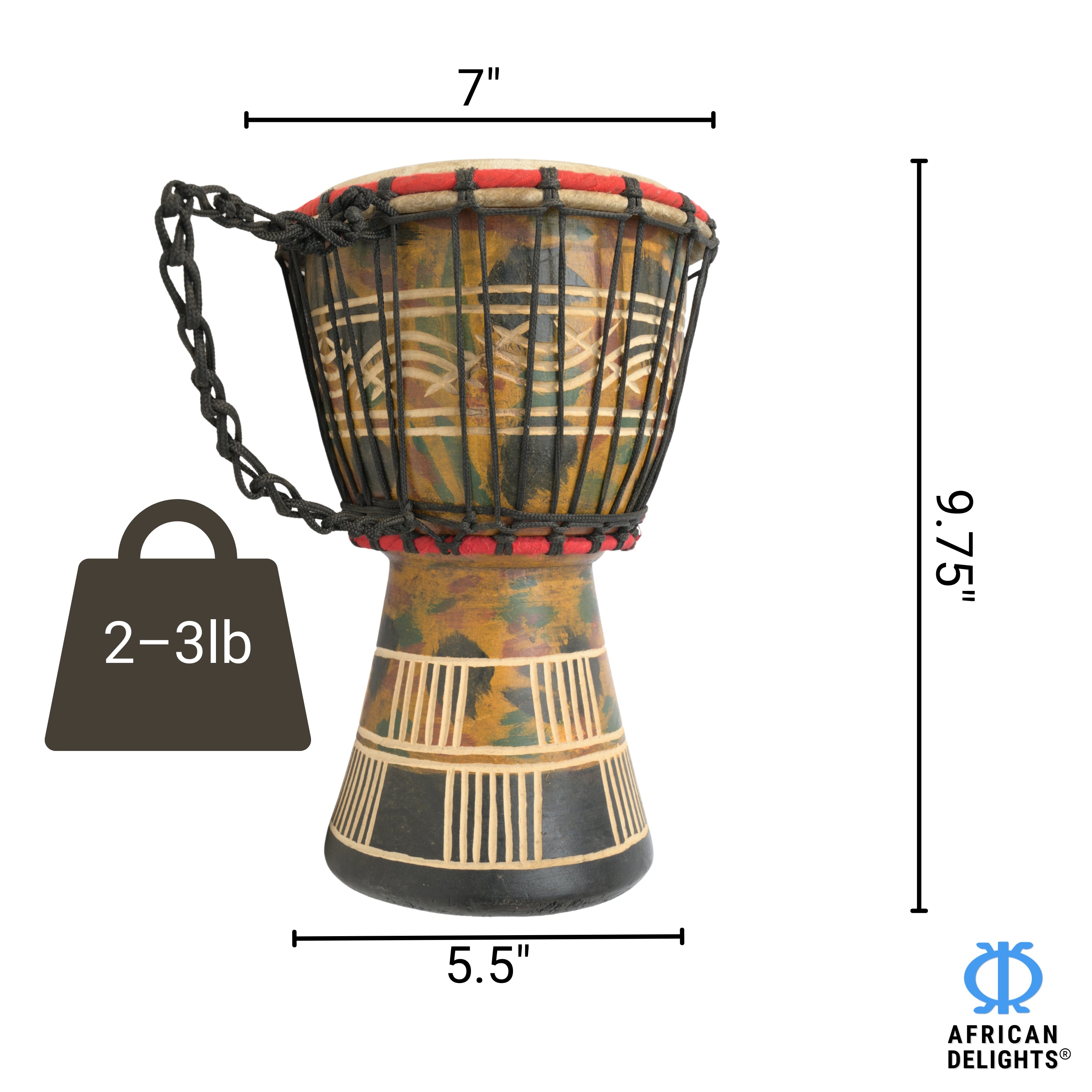 Multicolor with square etching medium-small djembe drum size and dimensions – 7" goat-skin head, 9.75" tall, 2–3 lb # color_Multicolor with square etching