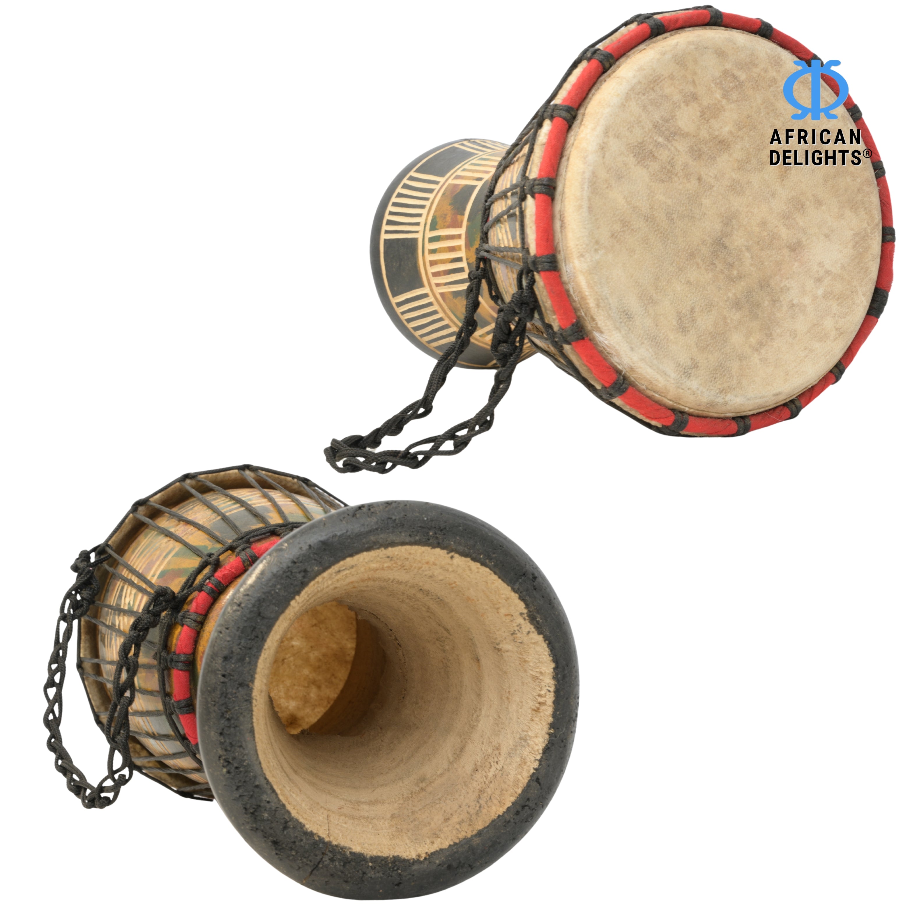Multicolor with square etching medium-small djembe drum side and back view, hand-carved hardwood and goat-skin head # color_Multicolor with square etching