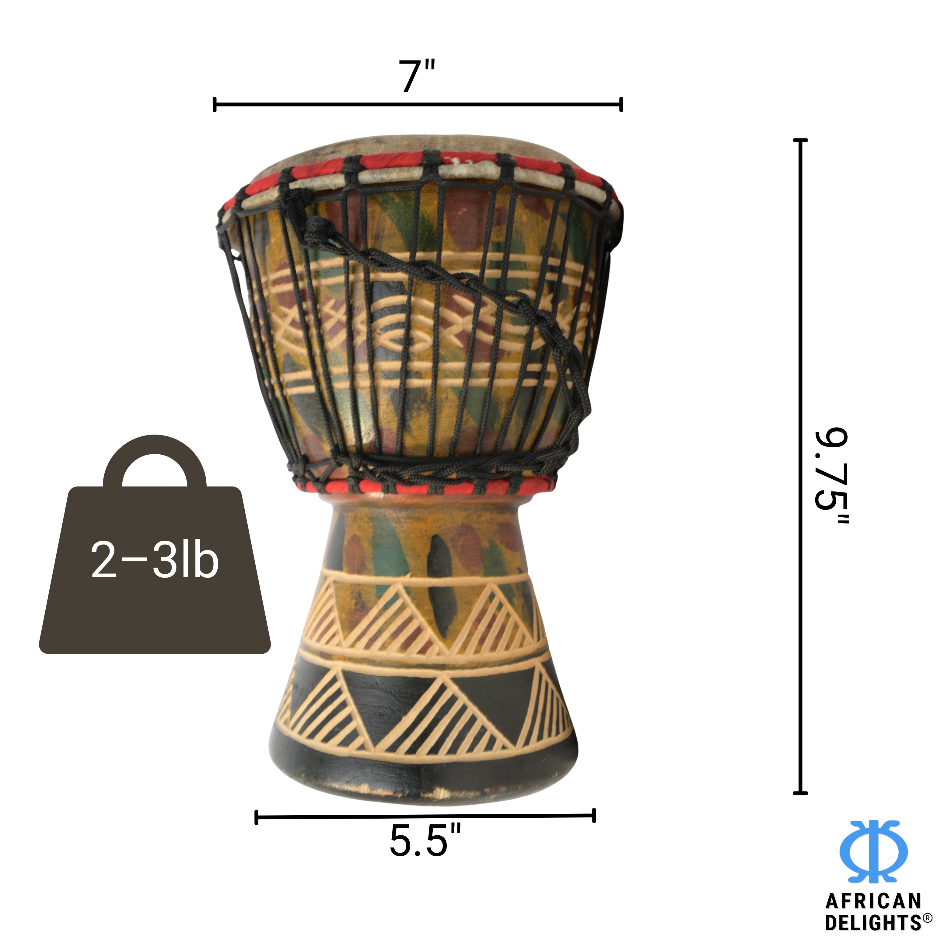 Multicolor with triangle etching 2 medium-small djembe drum size and dimensions – 7" goat-skin head, 9.75" tall, 2–3 lb # color_Multicolor with triangle etching 2