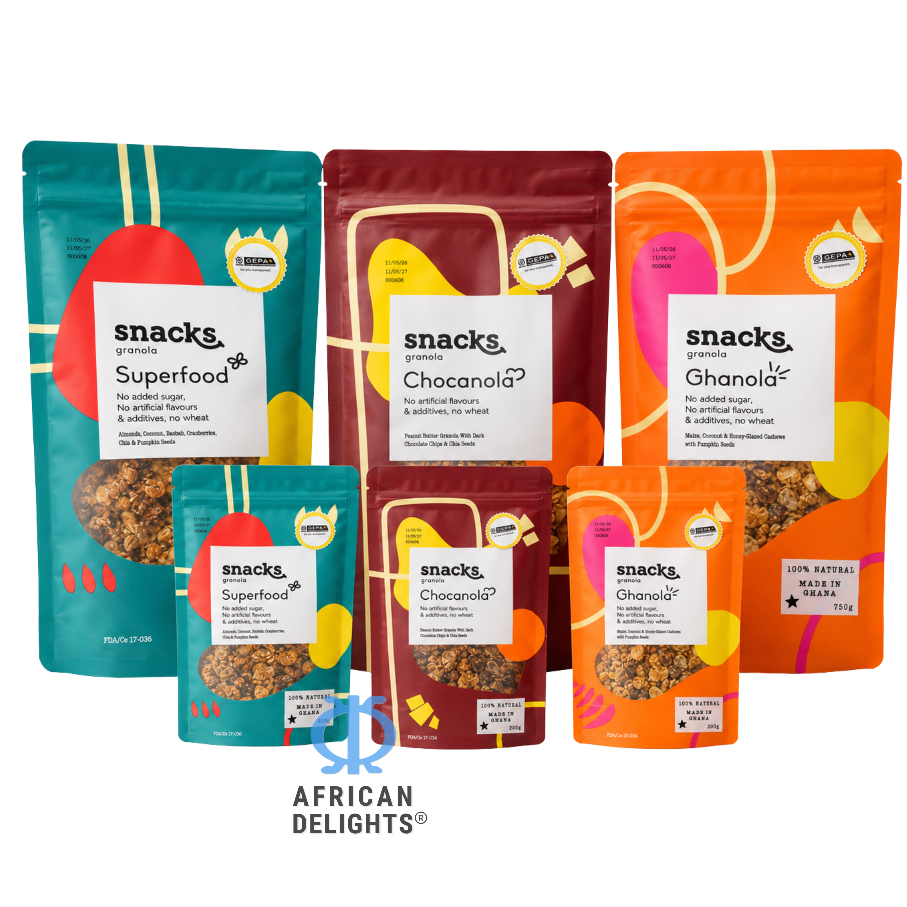 African Delights granola family, all 3 flavors and both sizes