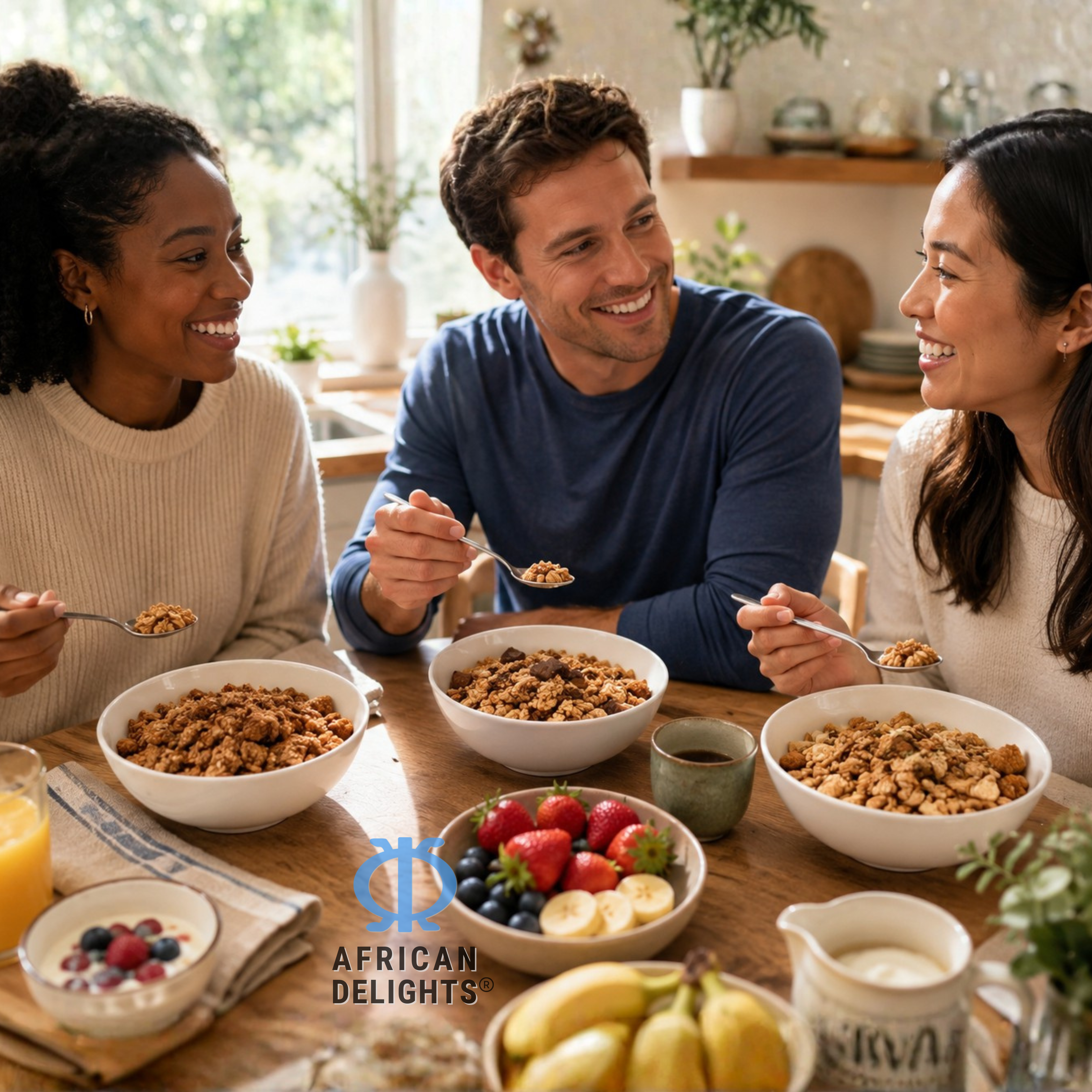 Friends sharing African Delights granola bowls together