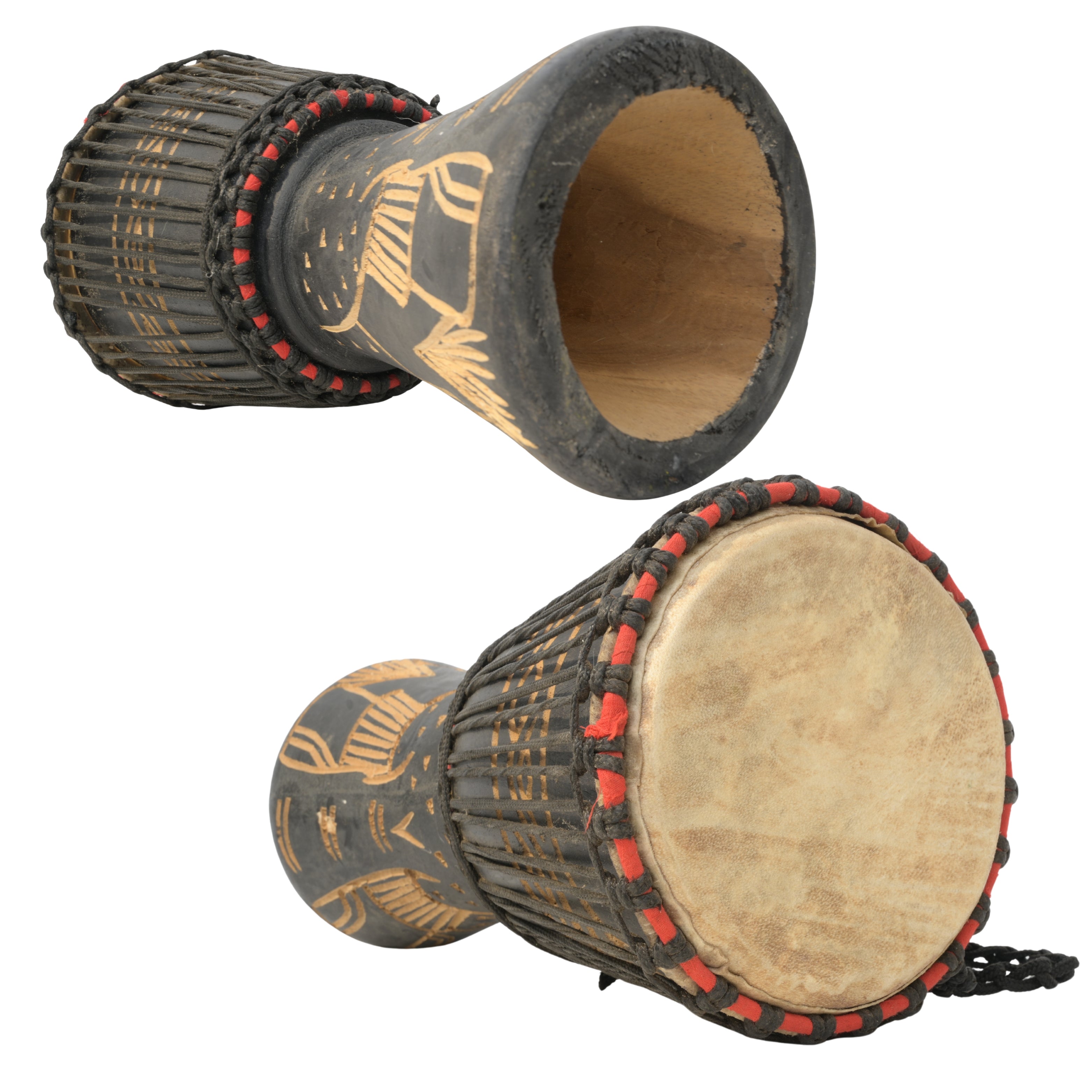 Black with Village medium-large djembe side, drumhead, rope tuning and open-base detail # color_Black with Village