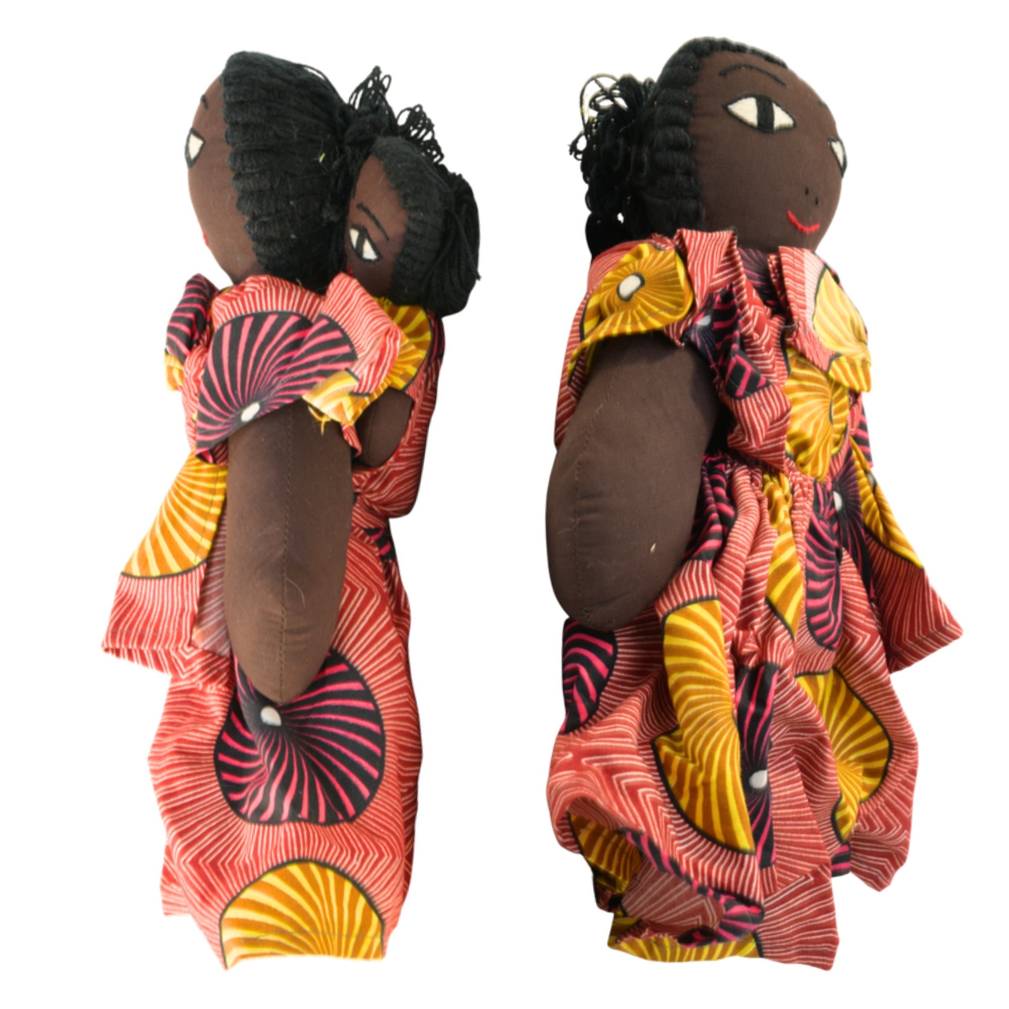 Pink African fabric doll back and side view – 15-inch handmade Ghanaian artisan collectible. African Delights. #Color_Pink