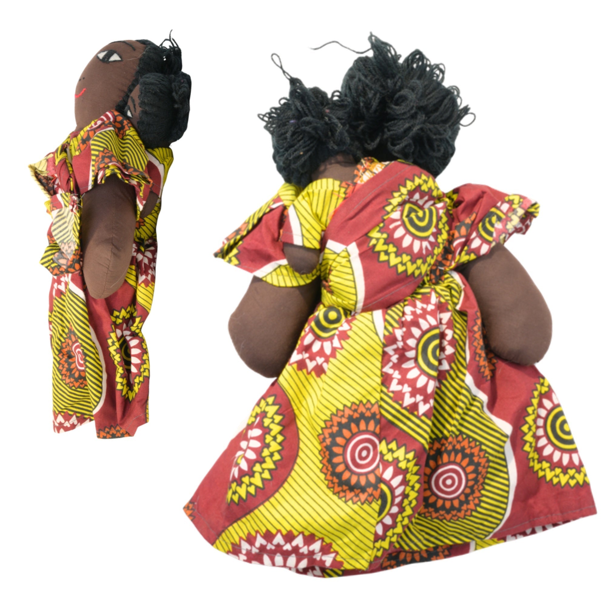 Pink/Gold African fabric doll back and side view – 15-inch handmade Ghanaian artisan collectible. African Delights. #Color_Pink/Gold