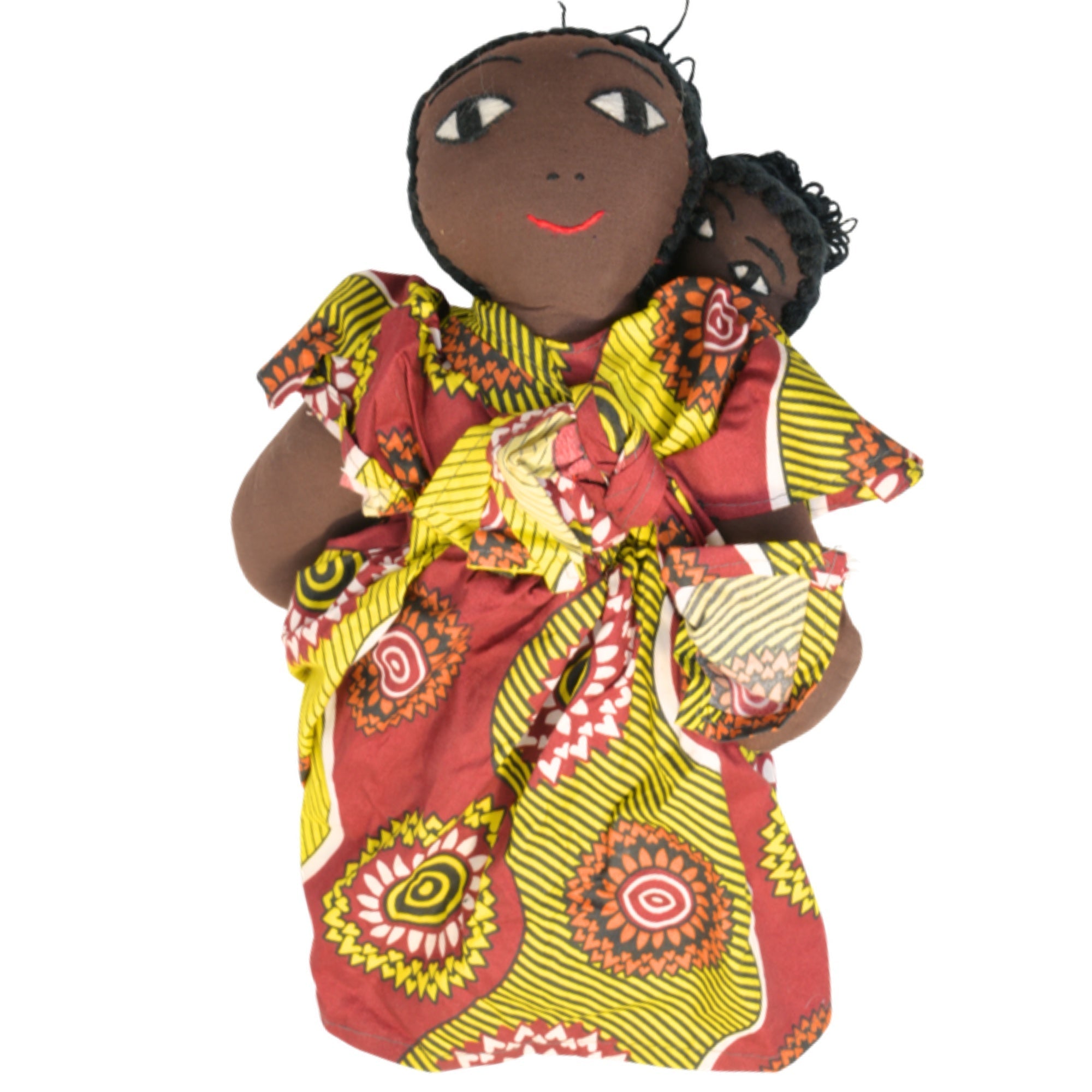 Pink/Gold Handmade African Fabric Doll with Baby – 15-inch Ghanaian artisan collectible, mother and baby in traditional wrap. African Delights. #Color_Pink/Gold