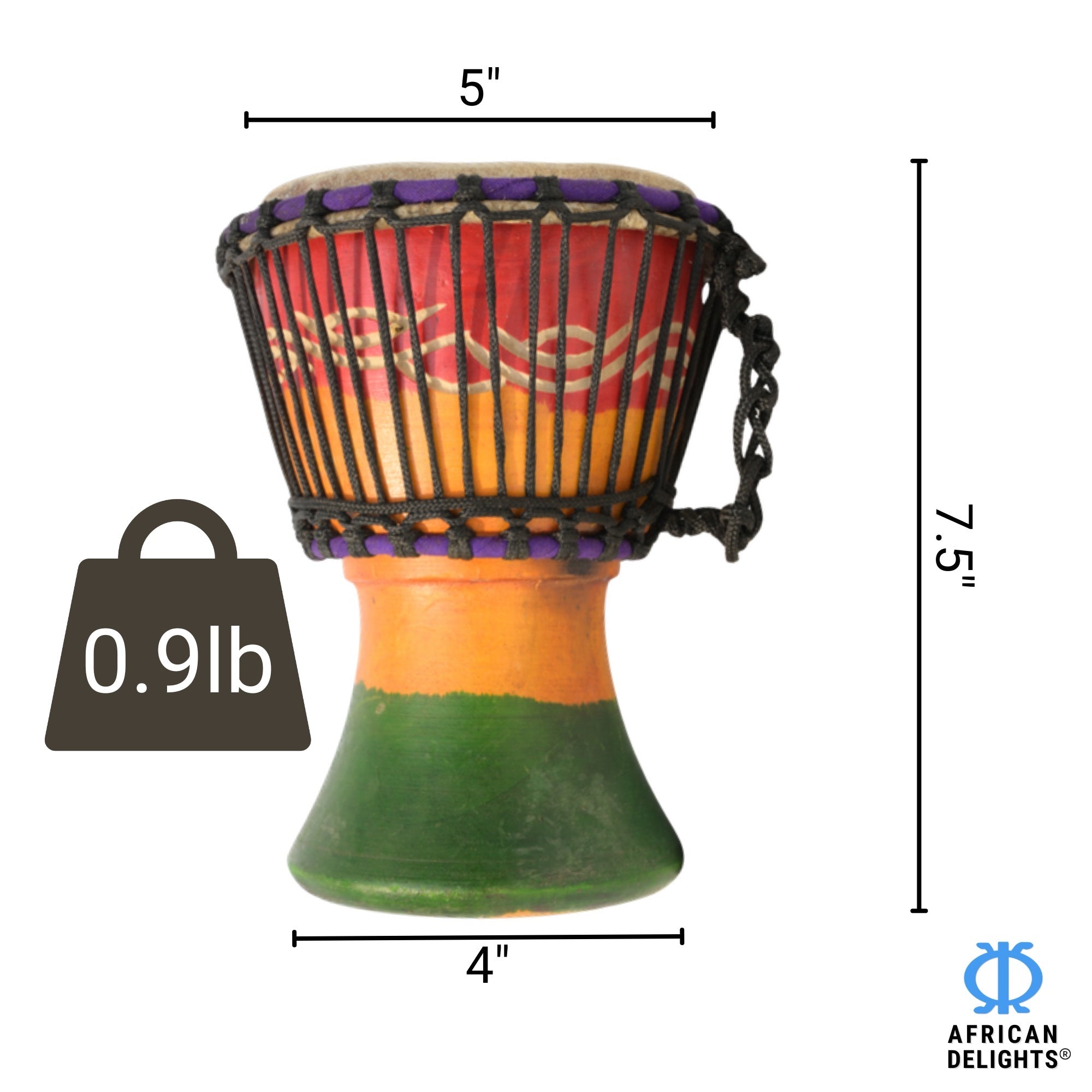 Rasta with Wave Etching 1 mini djembe drum size and dimensions