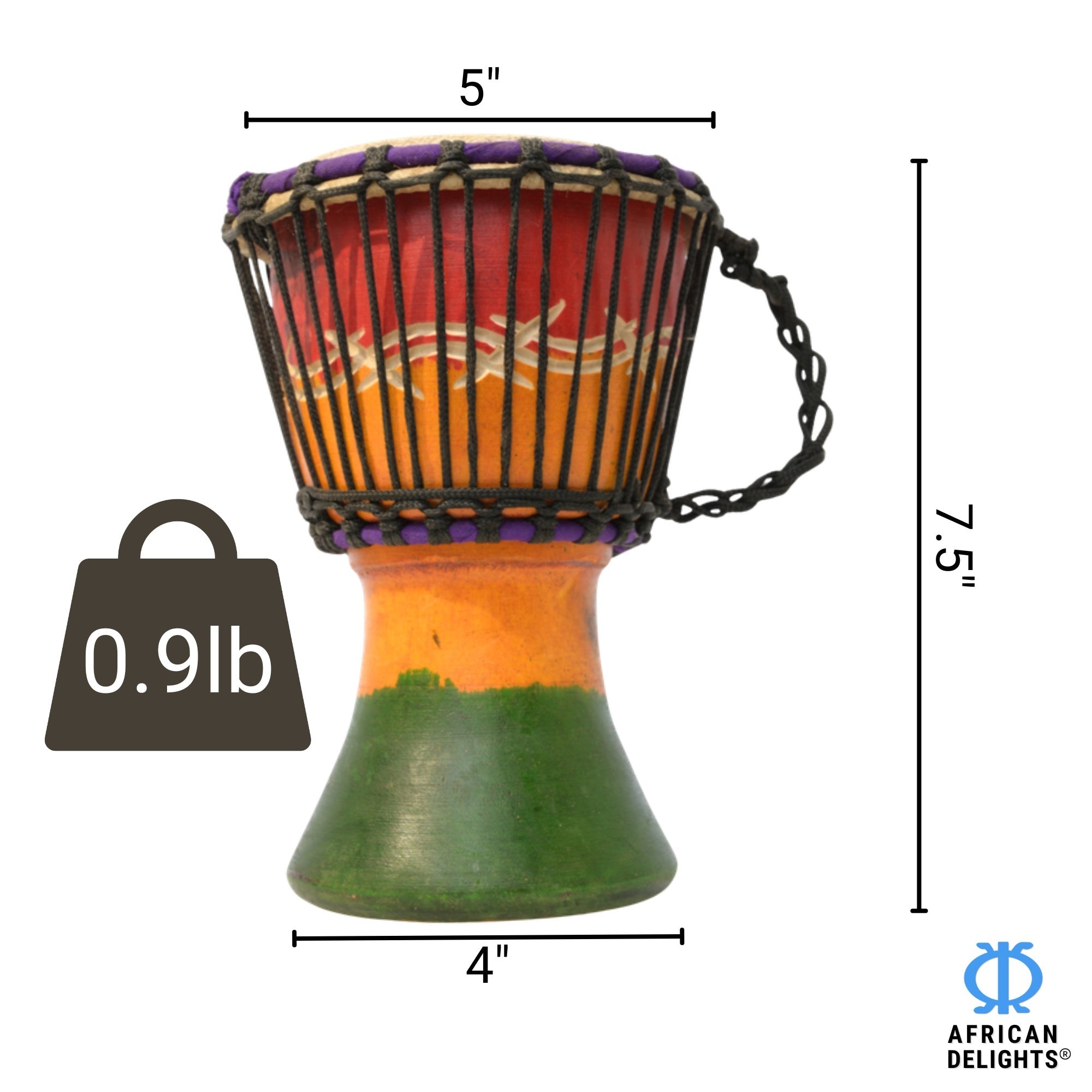 Rasta with Wave Etching 4 mini djembe drum size and dimensions