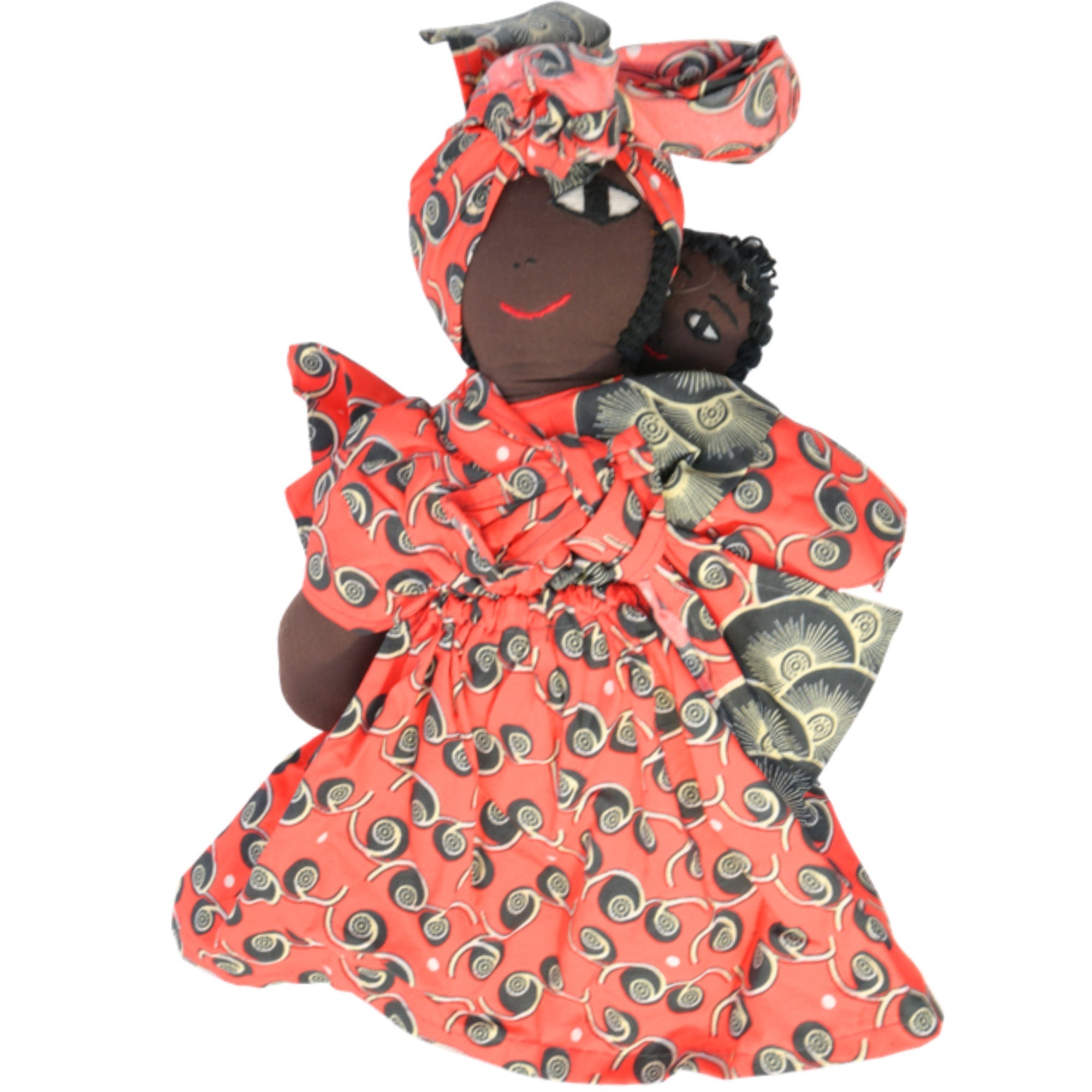 Red Handmade African Fabric Doll with Baby – 15-inch Ghanaian artisan collectible, mother and baby in traditional wrap. African Delights. #Color_Red